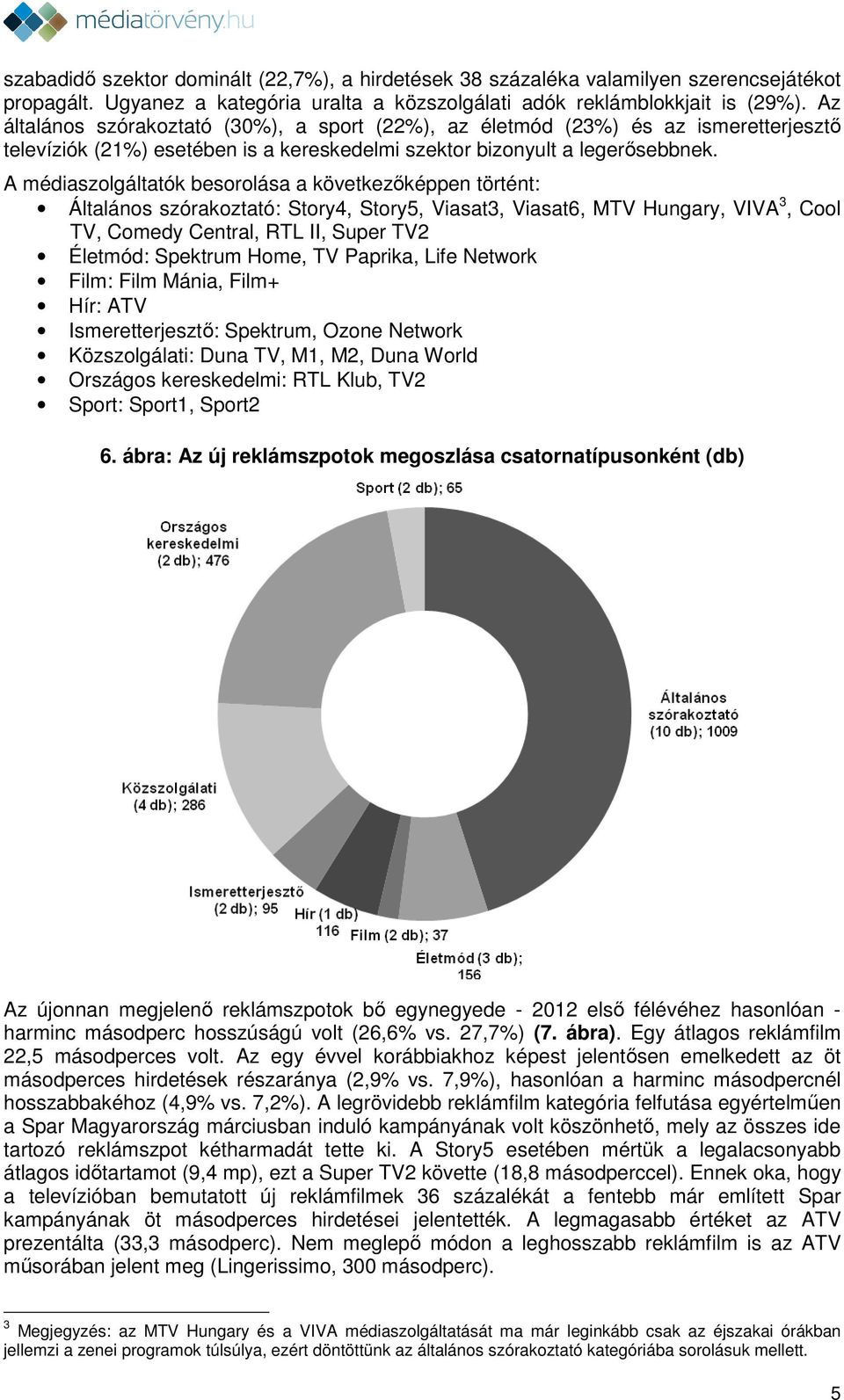 A médiaszolgáltatók besorolása a következőképpen történt: Általános szórakoztató: Story4, Story5, Viasat3, Viasat6, MTV Hungary, VIVA 3, Cool TV, Comedy Central, RTL II, Super TV2 Életmód: Spektrum