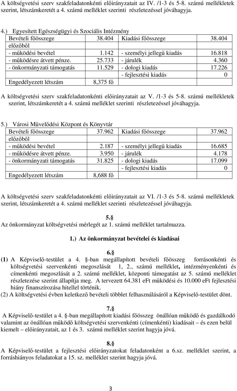 226 - fejlesztési kiadás 0 Engedélyezett létszám 8,375 fő A költségvetési szerv szakfeladatonkénti előirányzatait az V. /1-3 és 5-8. számú mellékletek szerint, létszámkeretét a 4.