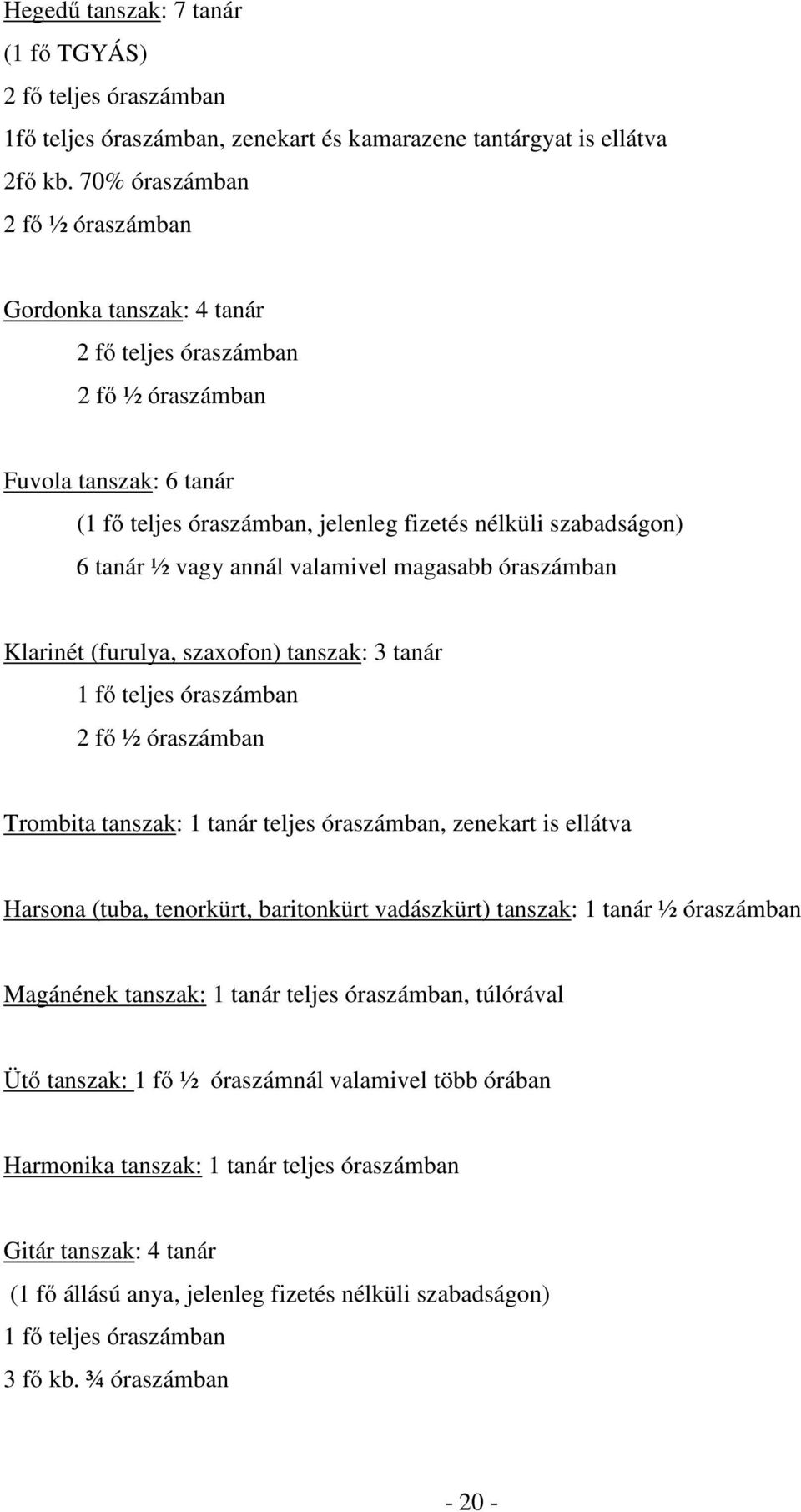 vagy annál valamivel magasabb óraszámban Klarinét (furulya, szaxofon) tanszak: 3 tanár 1 fő teljes óraszámban 2 fő ½ óraszámban Trombita tanszak: 1 tanár teljes óraszámban, zenekart is ellátva