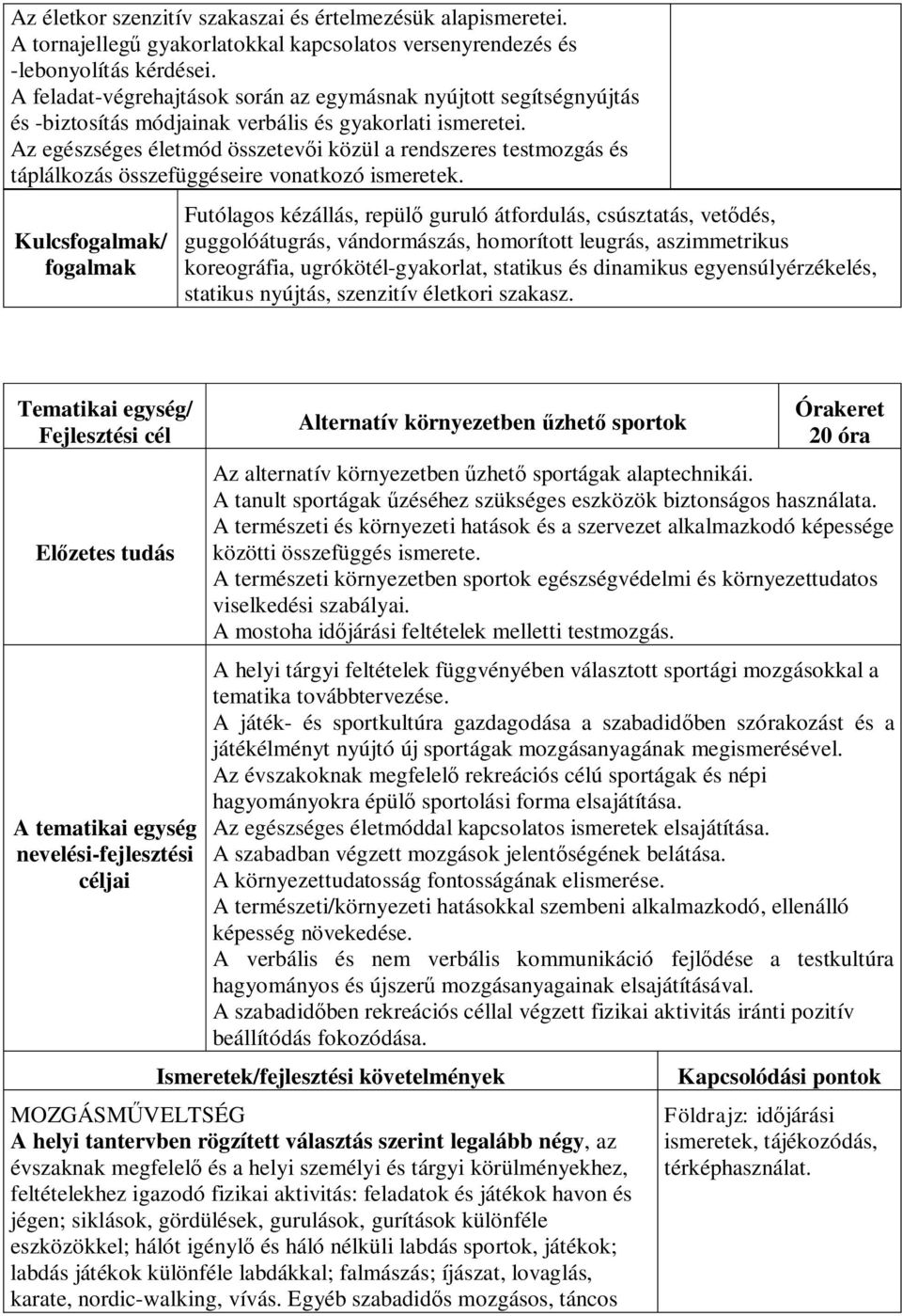 Az egészséges életmód összetevői közül a rendszeres testmozgás és táplálkozás összefüggéseire vonatkozó ismeretek.