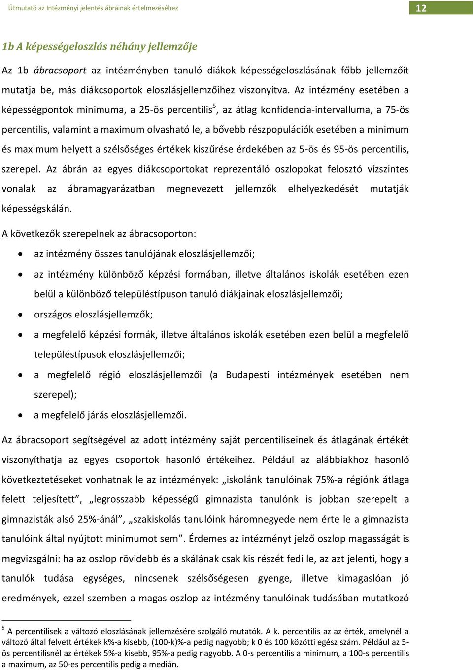 Az intézmény esetében a képességpontok minimuma, a 25-ös percentilis 5, az átlag konfidencia-intervalluma, a 75-ös percentilis, valamint a maximum olvasható le, a bővebb részpopulációk esetében a