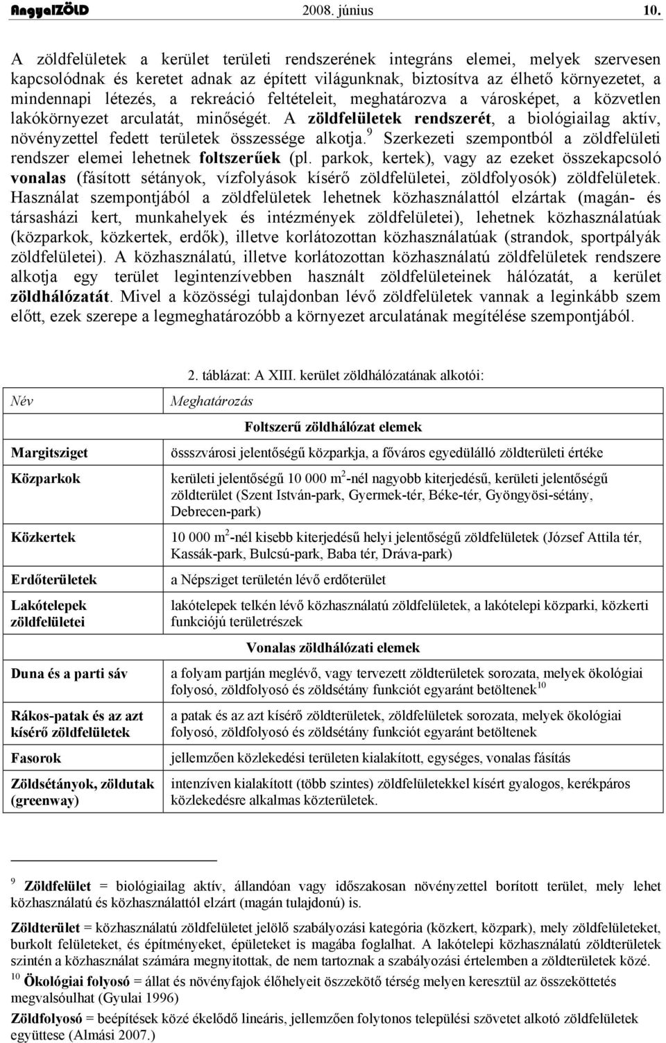 rekreáció feltételeit, meghatározva a városképet, a közvetlen lakókörnyezet arculatát, minőségét. A zöldfelületek rendszerét, a biológiailag aktív, növényzettel fedett területek összessége alkotja.