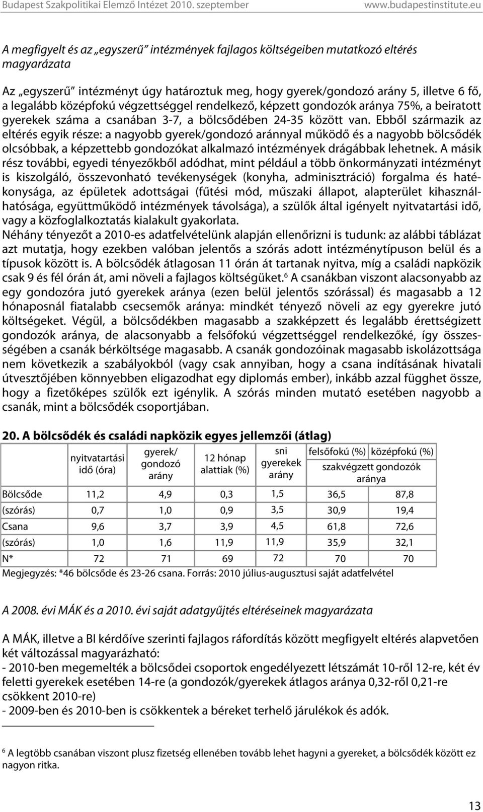 Ebből származik az eltérés egyik része: a nagyobb gyerek/gondozó aránnyal működő és a nagyobb bölcsődék olcsóbbak, a képzettebb gondozókat alkalmazó intézmények drágábbak lehetnek.