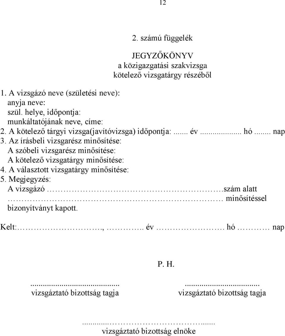 Az írásbeli vizsgarész minősítése: A szóbeli vizsgarész minősítése: A kötelező vizsgatárgy minősítése: 4. A választott vizsgatárgy minősítése: 5.