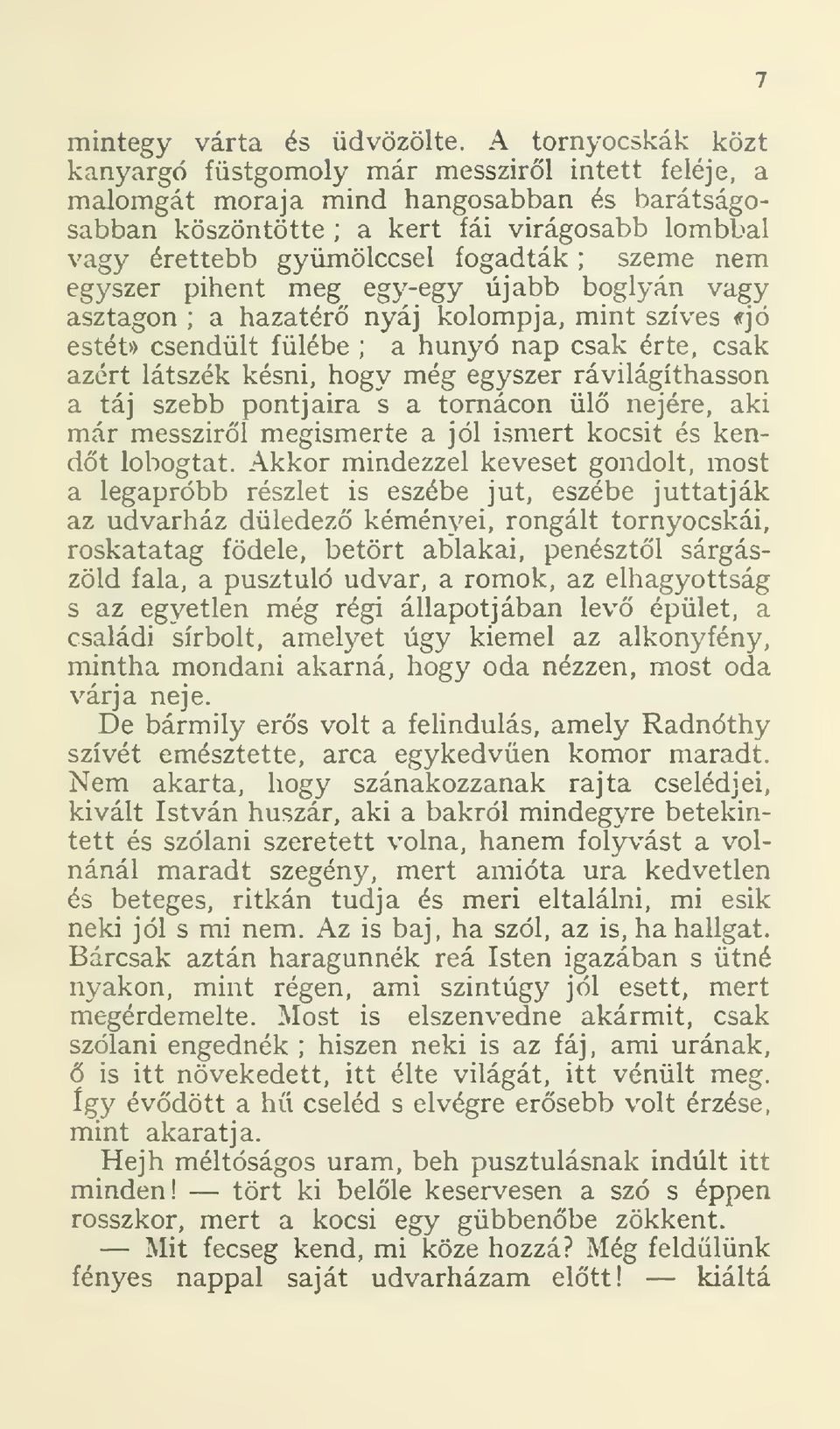 fogadták ; szeme nem egyszer pihent meg egy-egy újabb boglyán vagy asztagon ; a hazatér nyáj kolomp ja, mint szíves <rjö estét» csendült fülébe ; a hunyó nap csak érte, csak azért látszék késni, hogy