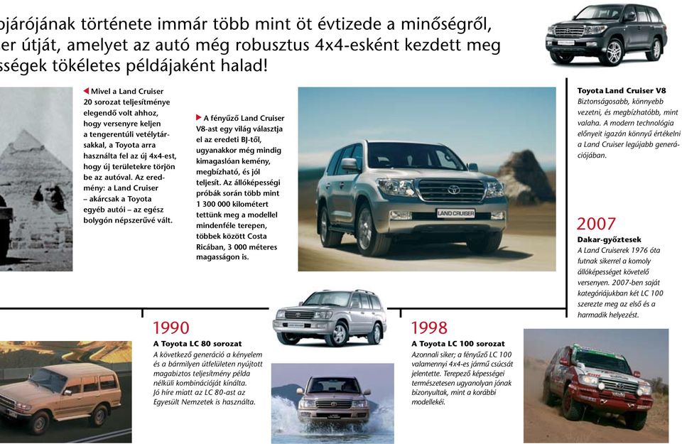 autóval. Az eredmény: a Land Cruiser akárcsak a Toyota egyéb autói az egész bolygón népszerûvé vált.