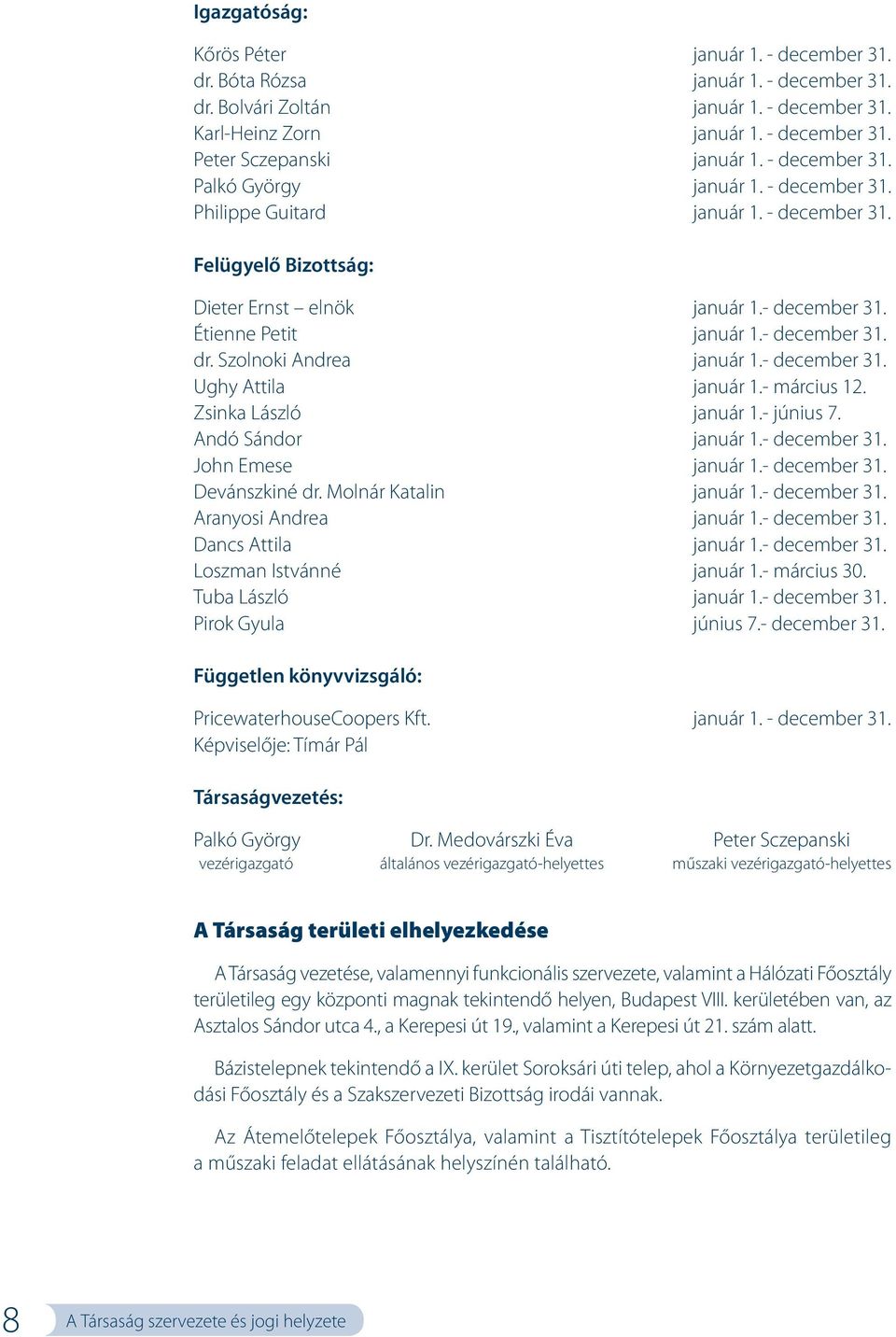 Szolnoki Andrea január 1.- december 31. Ughy Attila január 1.- március 12. Zsinka László január 1.- június 7. Andó Sándor január 1.- december 31. John Emese január 1.- december 31. Devánszkiné dr.