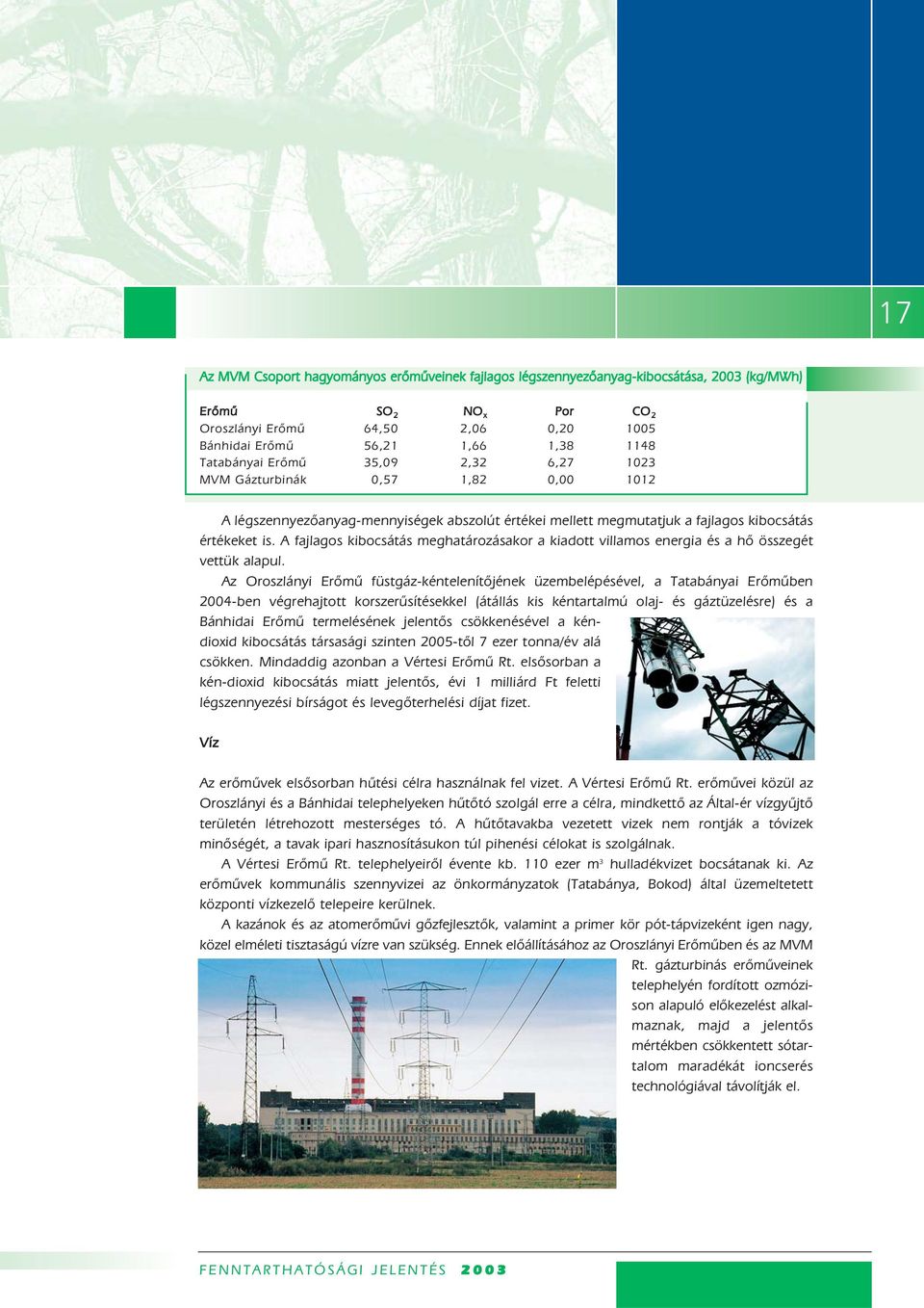 A fajlagos kibocsátás meghatározásakor a kiadott villamos energia és a hõ összegét vettük alapul.