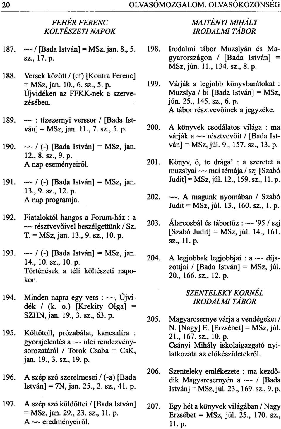 p. A nap programja. 192. Fiataloktól hangos a Forum-ház : a résztvevőivel beszélgettünk / Sz. T. = MSz, jan. 13, 9. sz, 10. p. 193. / (-) [Bada István] = MSz, jan. 14, 10. sz, 10. p. Történések a téli költészeti napokon.