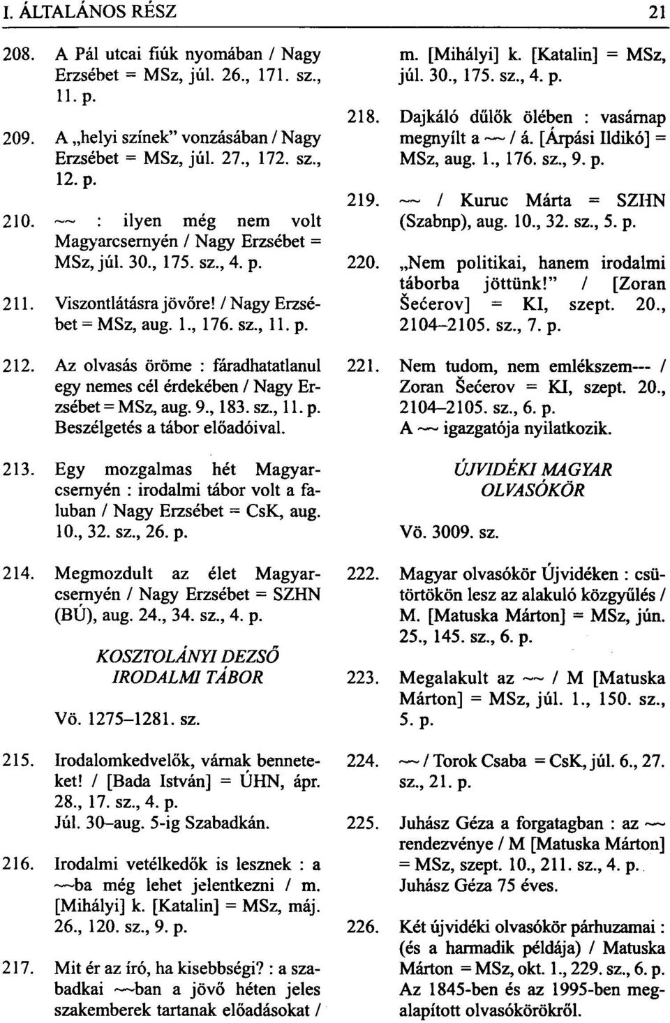 Az olvasás öröme : fáradhatatlanul egy nemes cél érdekében / Nagy Erzsébet = MSz, aug. 9, 183. sz, 11. p. Beszélgetés a tábor előadóival. 213.