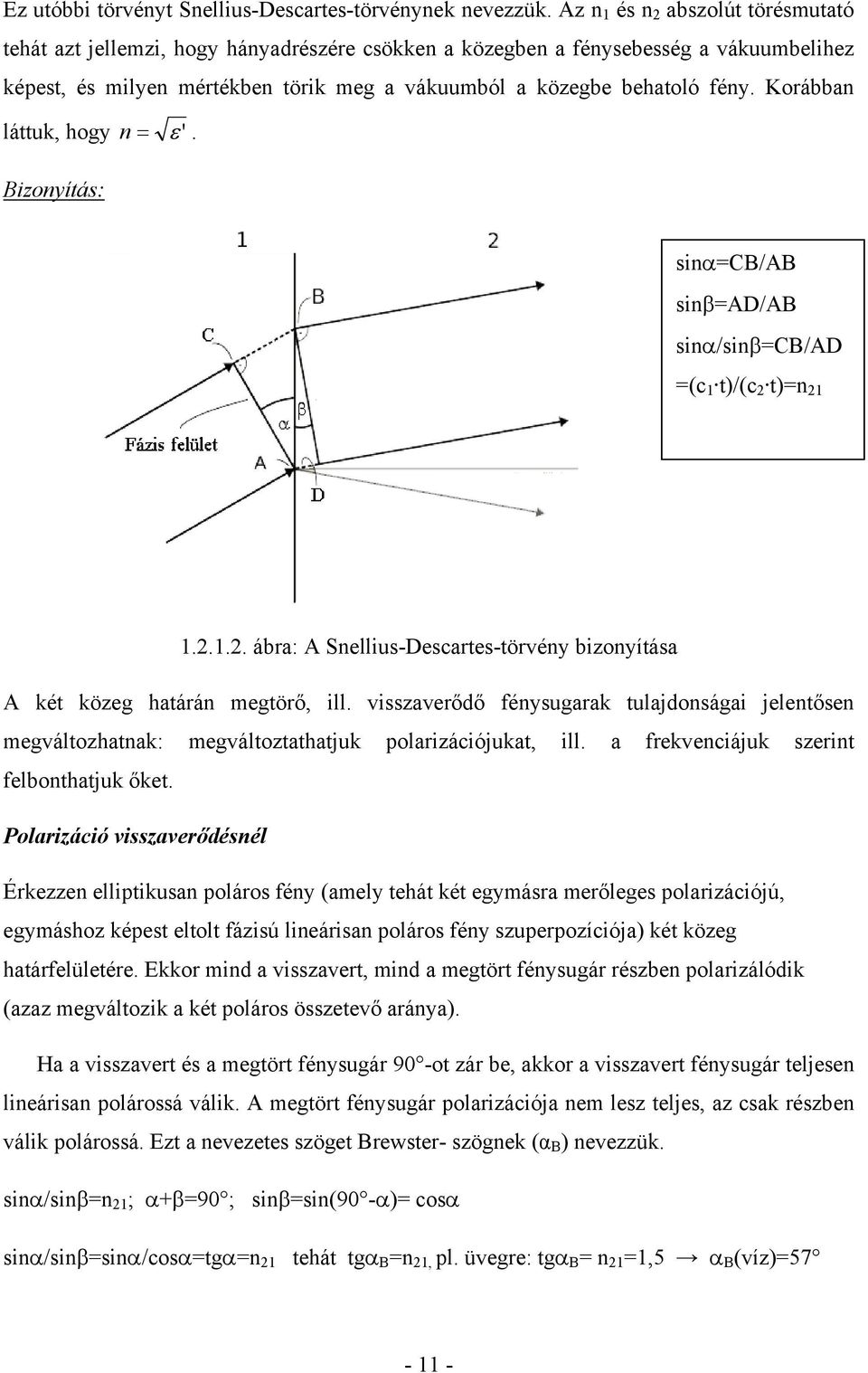 Korábban láttuk, hogy n = ε '. Bizonyítás: sinα=cb/ab sinβ=ad/ab sinα/sinβ=cb/ad =(c 1 t)/(c t)=n 1 1..1.. ábra: A Snellius-Descartes-törvény bizonyítása A két közeg határán megtörő, ill.