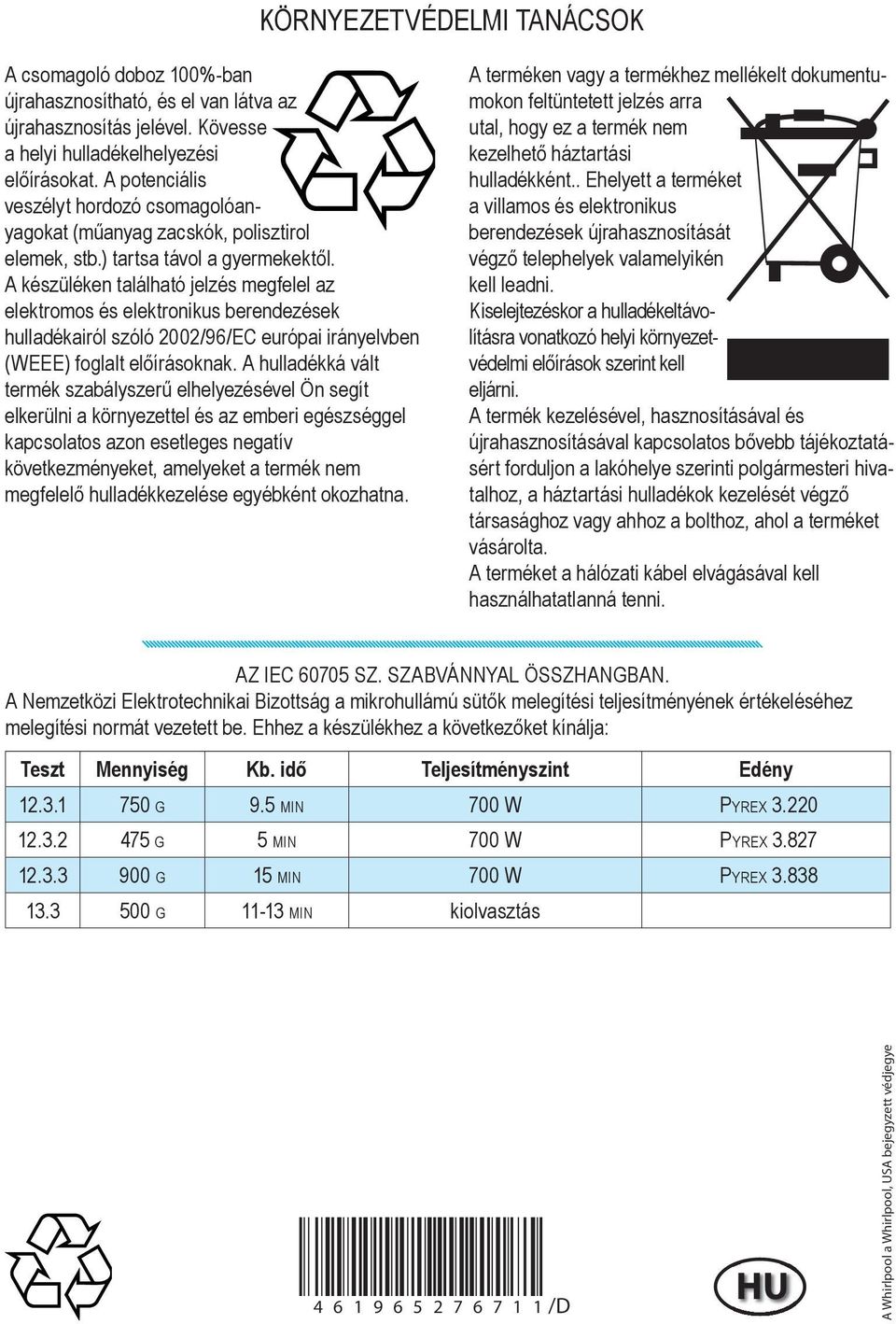 A készüléken található jelzés megfelel az elektromos és elektronikus berendezések hulladékairól szóló 2002/96/EC európai irányelvben (WEEE) foglalt előírásoknak.