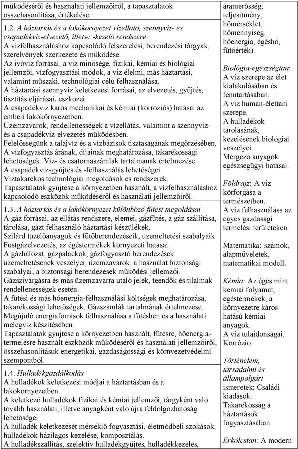 működése. Az ivóvíz forrásai, a víz minősége, fizikai, kémiai és biológiai jellemzői, vízfogyasztási módok, a víz élelmi, más háztartási, valamint műszaki, technológiai célú felhasználása.