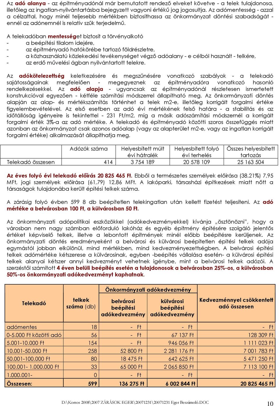 A telekadóban mentességet biztosít a törvényalkotó - a beépítési tilalom idejére, - az építményadó hatókörébe tartozó földrészletre, - a közhasználatú közlekedési tevékenységet végzı adóalany - e