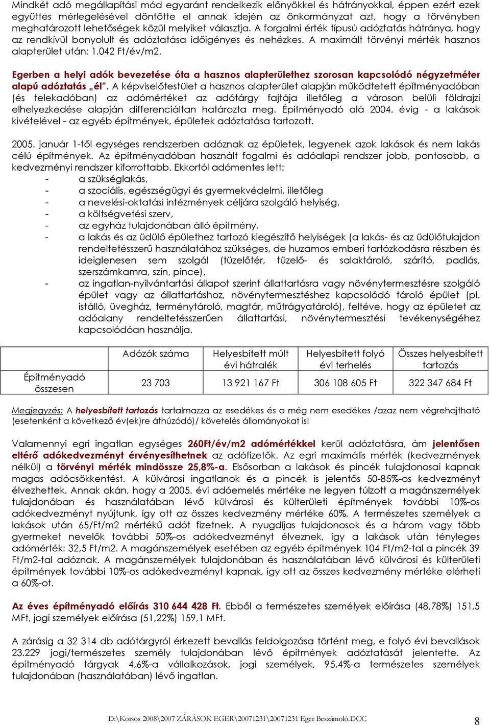 A maximált törvényi mérték hasznos alapterület után: 1.042 Ft/év/m2. Egerben a helyi adók bevezetése óta a hasznos alapterülethez szorosan kapcsolódó négyzetméter alapú adóztatás él.