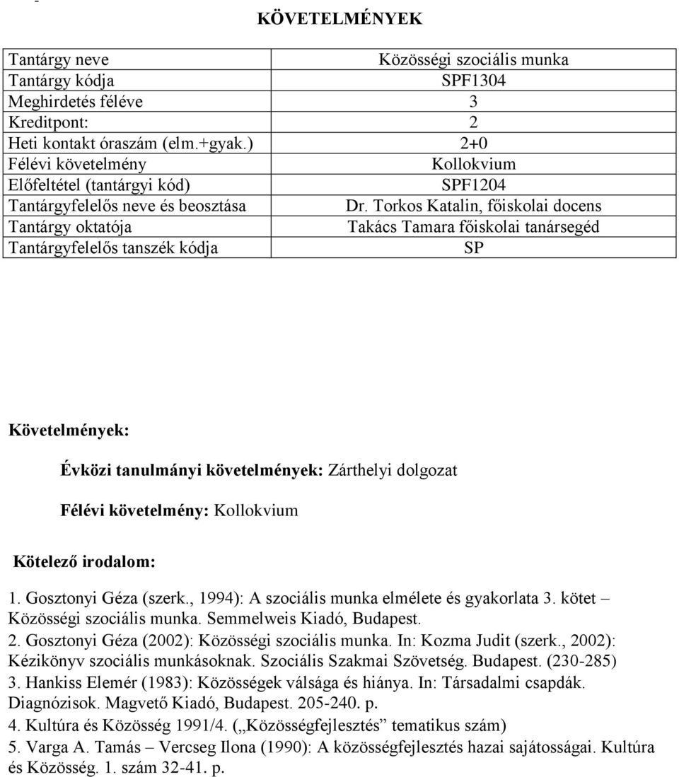 , 2002): Kézikönyv szociális munkásoknak. Szociális Szakmai Szövetség. Budapest. (230-285) 3. Hankiss Elemér (1983): Közösségek válsága és hiánya. In: Társadalmi csapdák. Diagnózisok.