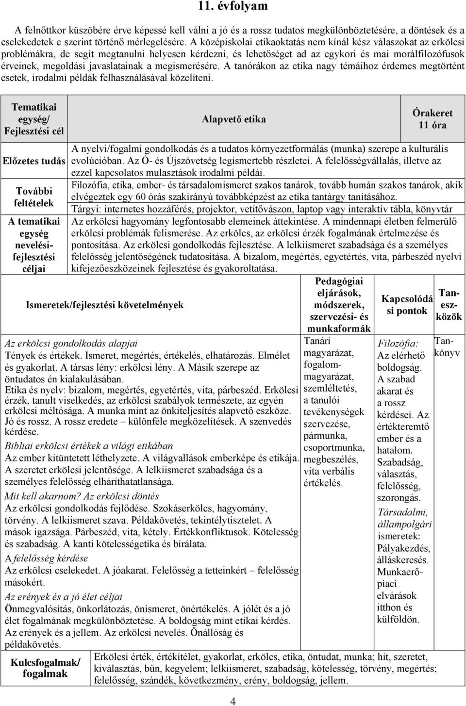 javaslatainak a megismerésére. A tanórákon az etika nagy témáihoz érdemes megtörtént esetek, irodalmi példák felhasználásával közelíteni.