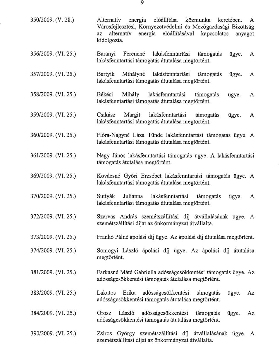 A Városfejlesztési, Környezetvédelmi és Mezőgazdasági Bizottság az alternatív energia előállításával kapcsolatos anyagot kidolgozta. Baranyi Ferencné lakásfenntartási támogatás ügye.