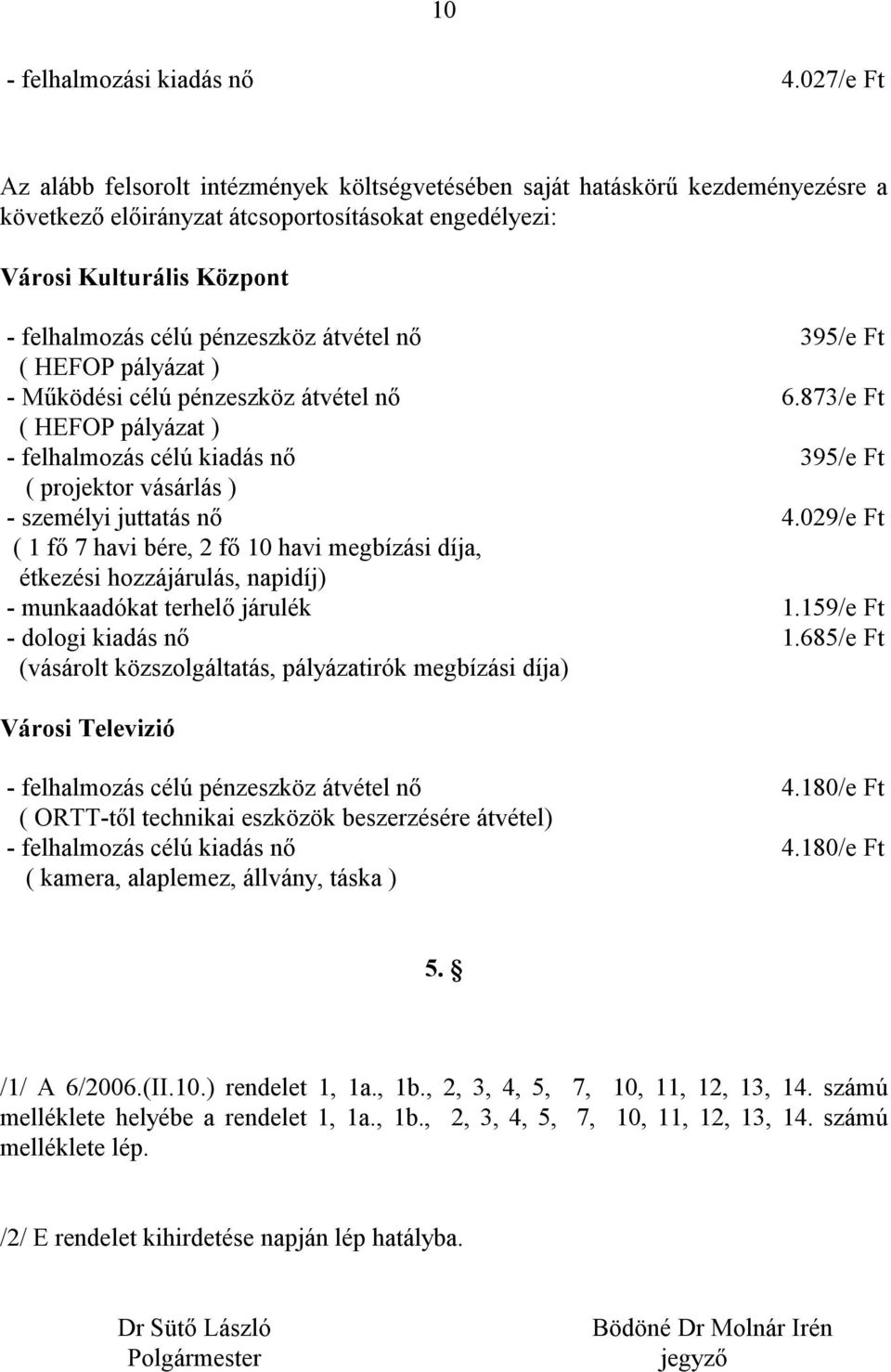 pénzeszköz átvétel nő 395/e Ft ( HEFOP pályázat ) - Működési célú pénzeszköz átvétel nő 6.