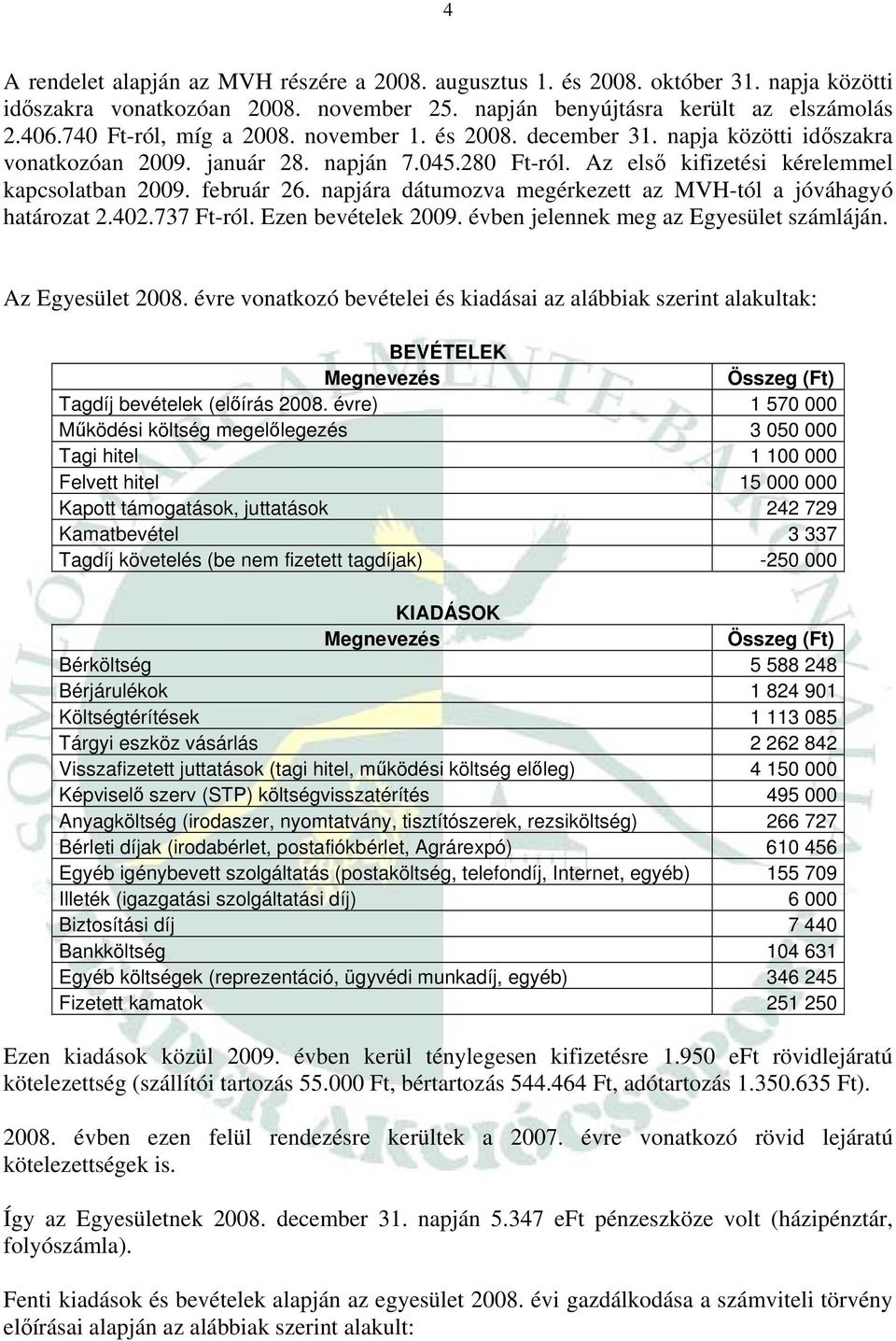 napjára dátumozva megérkezett az MVH-tól a jóváhagyó határozat 2.402.737 Ft-ról. Ezen bevételek 2009. évben jelennek meg az Egyesület számláján. Az Egyesület 2008.