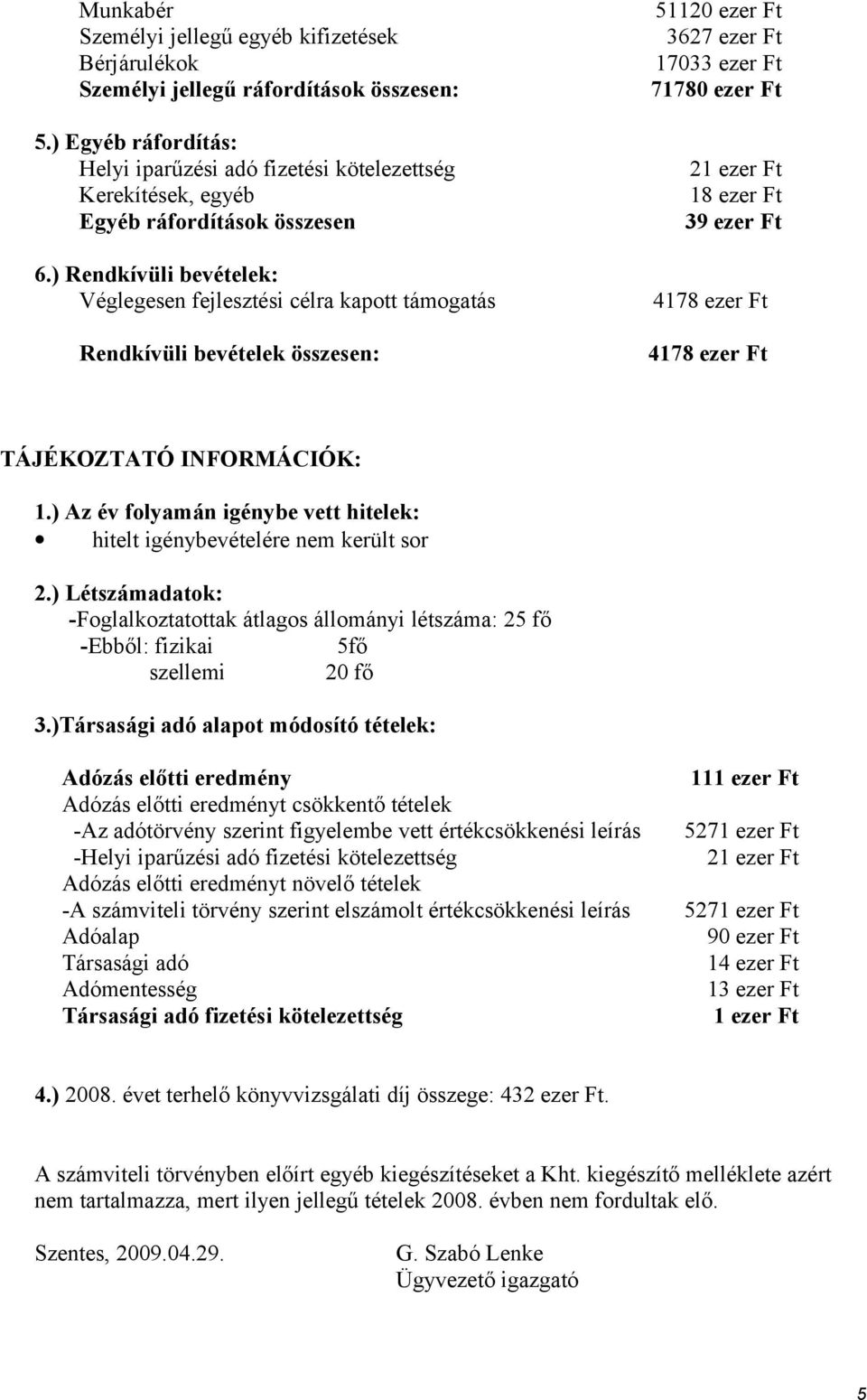 ) Rendkívüli bevételek: Véglegesen fejlesztési célra kapott támogatás Rendkívüli bevételek összesen: 4178 ezer Ft 4178 ezer Ft TÁJÉKOZTATÓ INFORMÁCIÓK: 1.