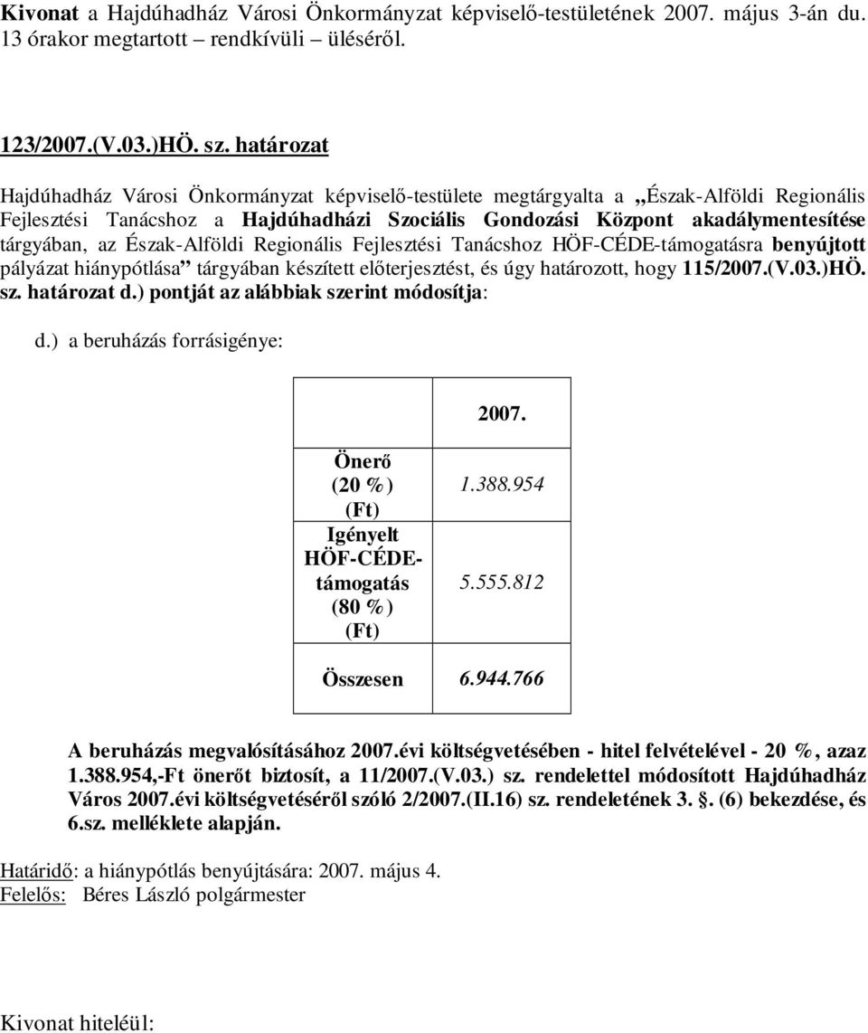 Észak-Alföldi Regionális Fejlesztési Tanácshoz HÖF-CÉDE-támogatásra benyújtott pályázat hiánypótlása tárgyában készített előterjesztést, és úgy határozott, hogy 115/2007.(V.03.)HÖ. sz. határozat d.