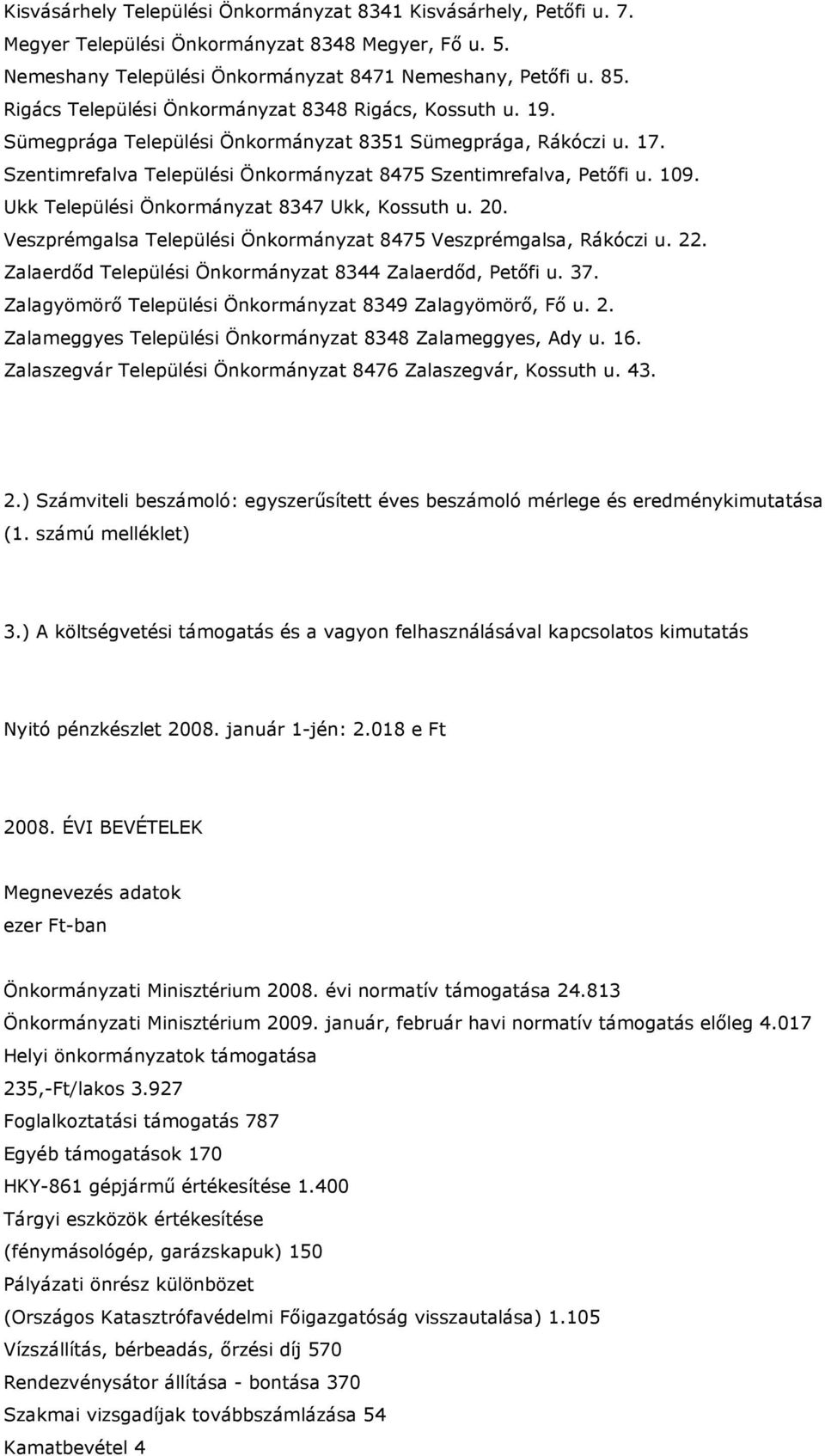 Ukk Települési Önkormányzat 8347 Ukk, Kossuth u. 20. Veszprémgalsa Települési Önkormányzat 8475 Veszprémgalsa, Rákóczi u. 22. Zalaerdıd Települési Önkormányzat 8344 Zalaerdıd, Petıfi u. 37.