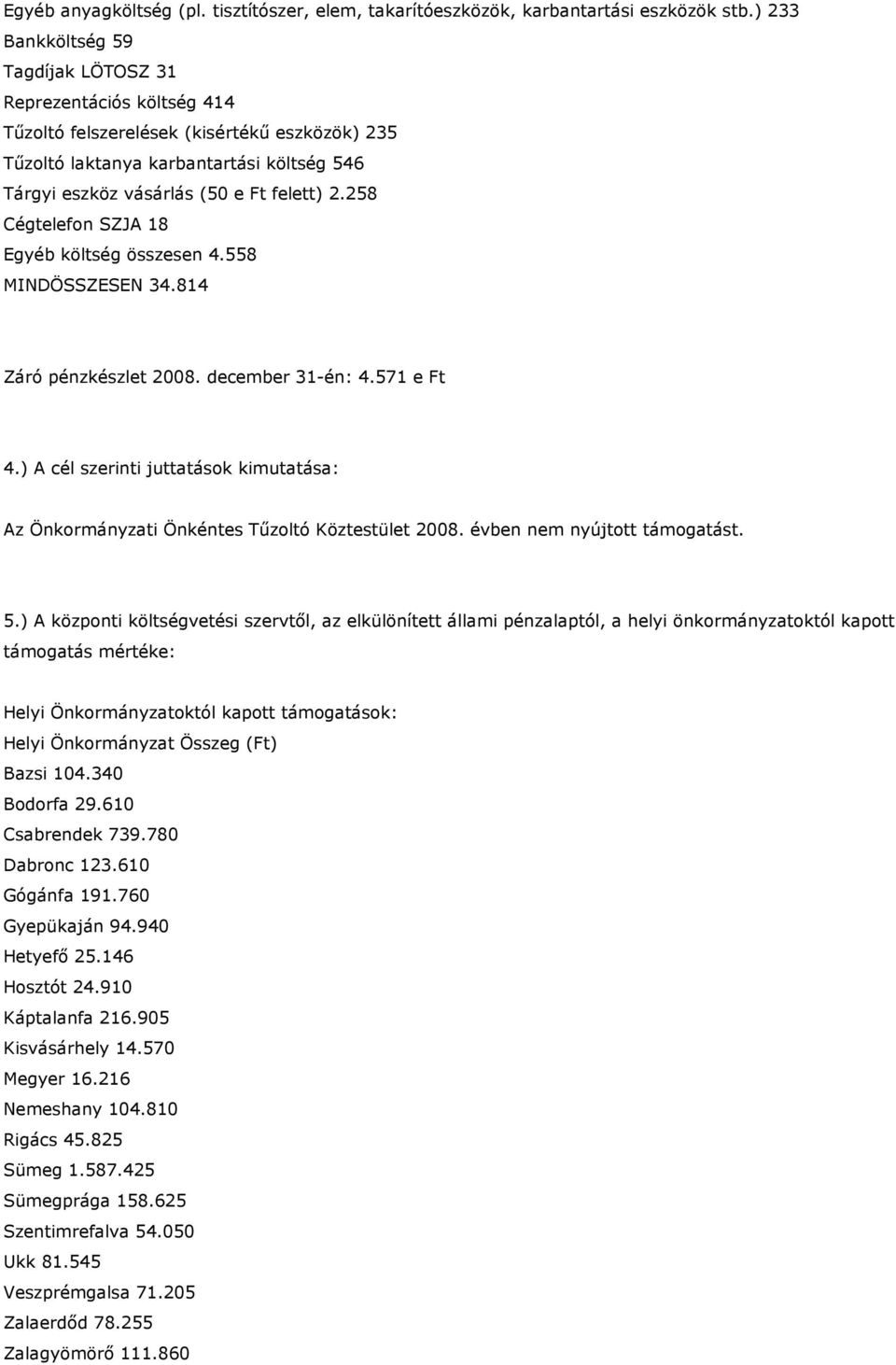 258 Cégtelefon SZJA 18 Egyéb költség összesen 4.558 MINDÖSSZESEN 34.814 Záró pénzkészlet 2008. december 31-én: 4.571 e Ft 4.