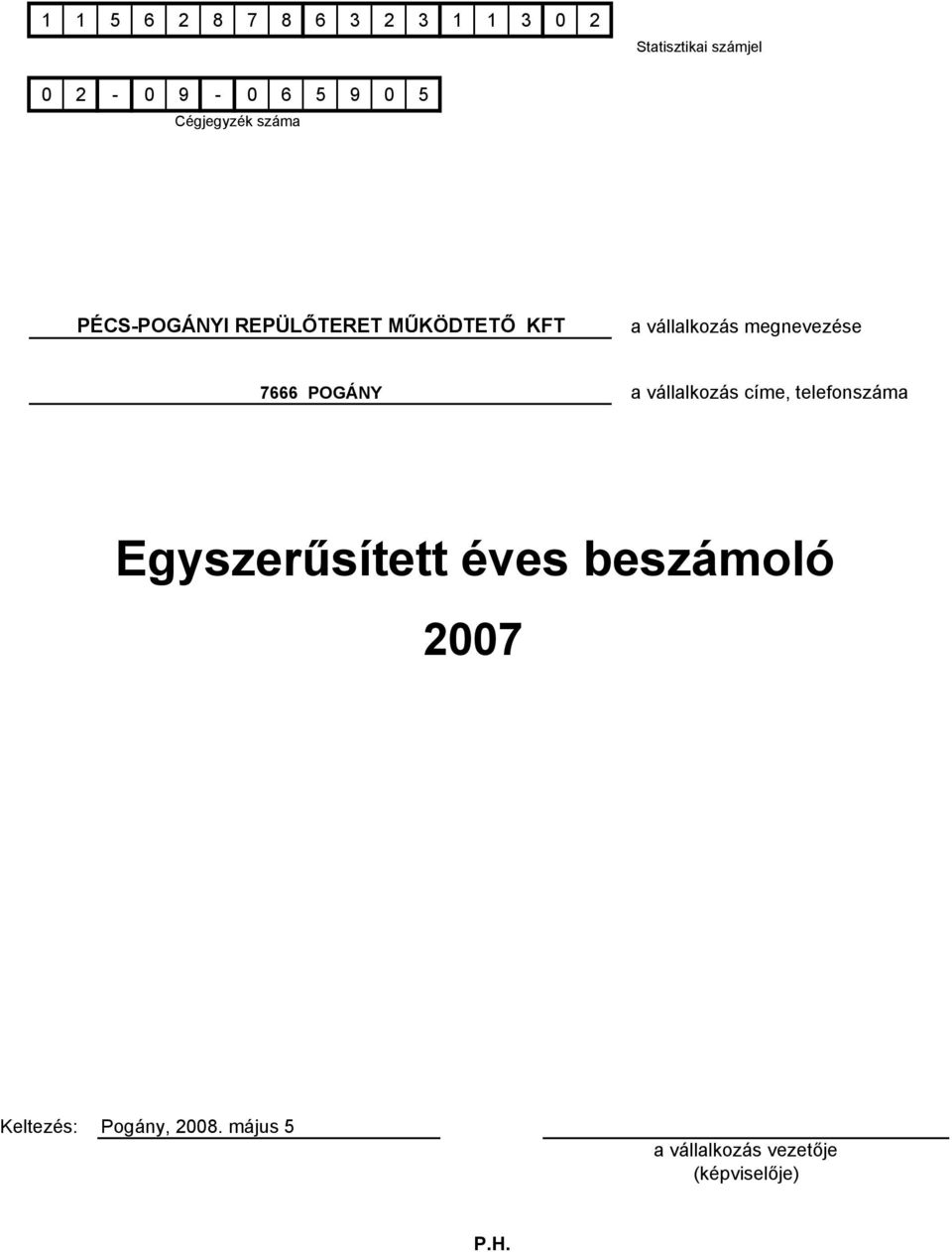 megnevezése 7666 POGÁNY a vállalkozás címe, telefonszáma Egyszerűsített éves