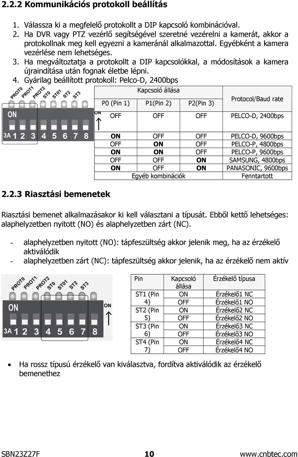 Ha megváltoztatja a protokollt a DIP kapcsolókkal, a módosítások a kamera újraindítása után fognak életbe lépni. 4.