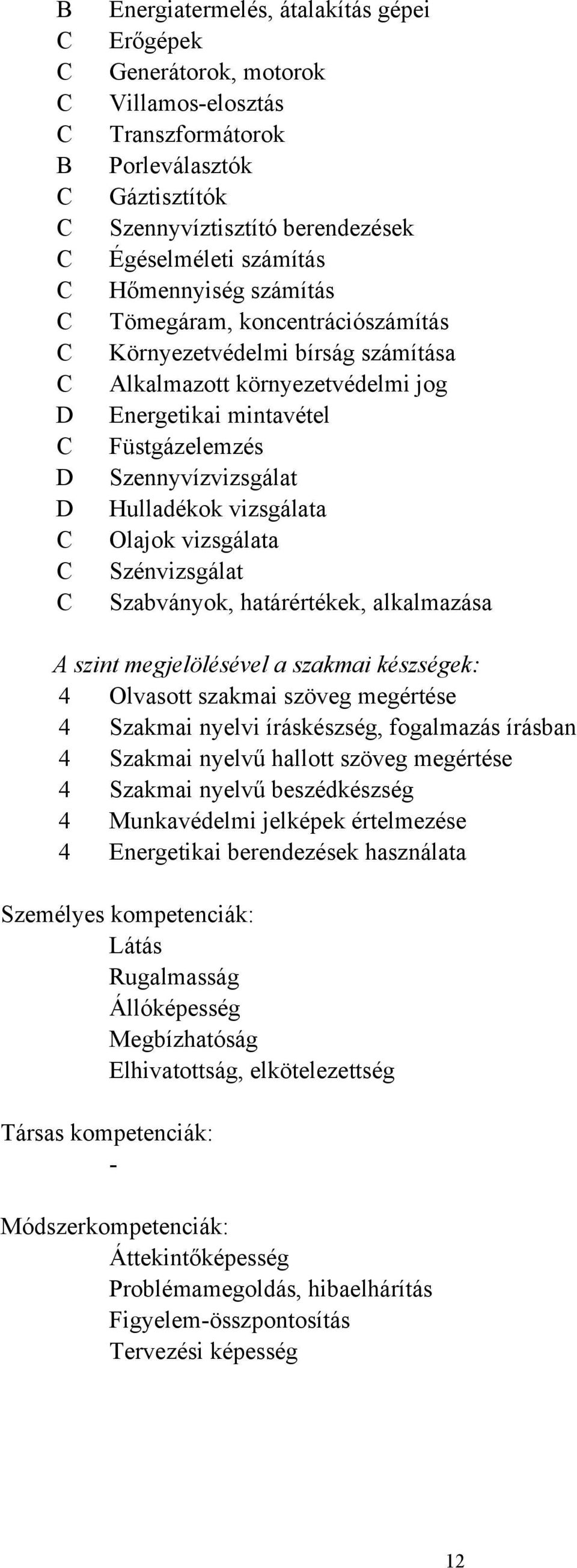 Hulladékok vizsgálata Olajok vizsgálata Szénvizsgálat Szabványok, határértékek, alkalmazása A szint megjelölésével a szakmai készségek: 4 Olvasott szakmai szöveg megértése 4 Szakmai nyelvi