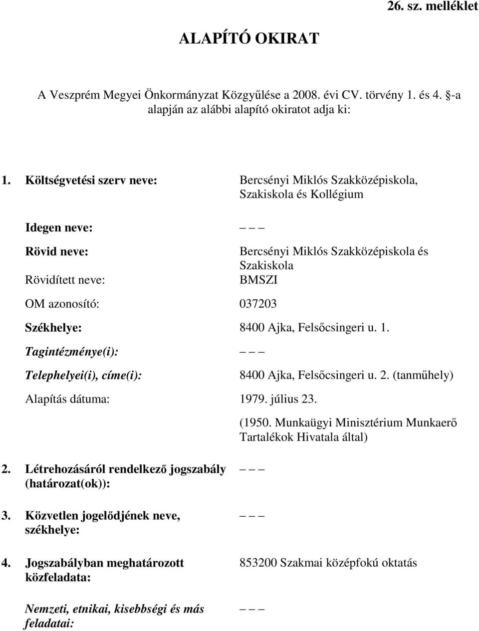 Székhelye: 8400 Ajka, Felsőcsingeri u. 1. Tagintézménye(i): Telephelyei(i), címe(i): Alapítás dátuma: 1979. július 23. 8400 Ajka, Felsőcsingeri u. 2. (tanműhely) (1950.