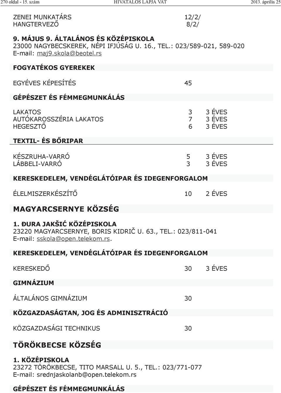 rs FOGYATÉKOS GYEREKEK EGYÉVES KÉPESÍTÉS 45 LAKATOS 3 3 ÉVES AUTÓKAROSSZÉRIA LAKATOS 7 3 ÉVES HEGESZTŐ 6 3 ÉVES TEXTIL- ÉS BŐRIPAR KÉSZRUHA-VARRÓ 5 3 ÉVES LÁBBELI-VARRÓ 3 3 ÉVES