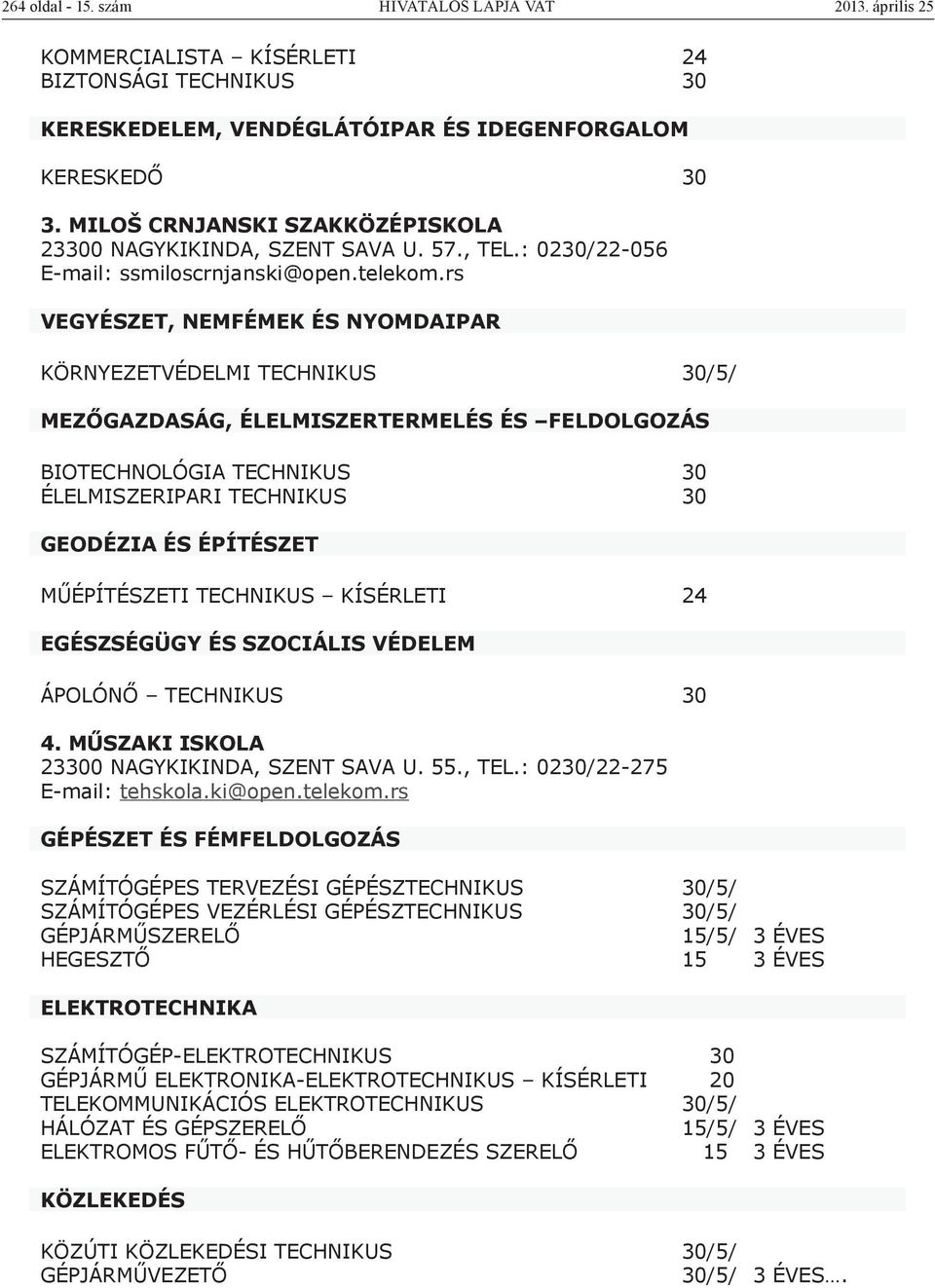 rs VEGYÉSZET, NEMFÉMEK ÉS NYOMDAIPAR KÖRNYEZETVÉDELMI TECHNIKUS 30/5/ MEZŐGAZDASÁG, ÉLELMISZERTERMELÉS ÉS FELDOLGOZÁS BIOTECHNOLÓGIA TECHNIKUS 30 ÉLELMISZERIPARI TECHNIKUS 30 GEODÉZIA ÉS ÉPÍTÉSZET