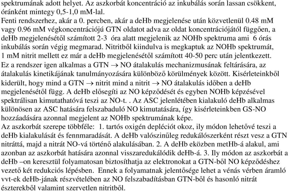 96 mm végkoncentrációjú GTN oldatot adva az oldat koncentrációjától függően, a dehb megjelenésétől számított 2-3 óra alatt megjelenik az NOHb spektruma ami 6 órás inkubálás során végig megmarad.