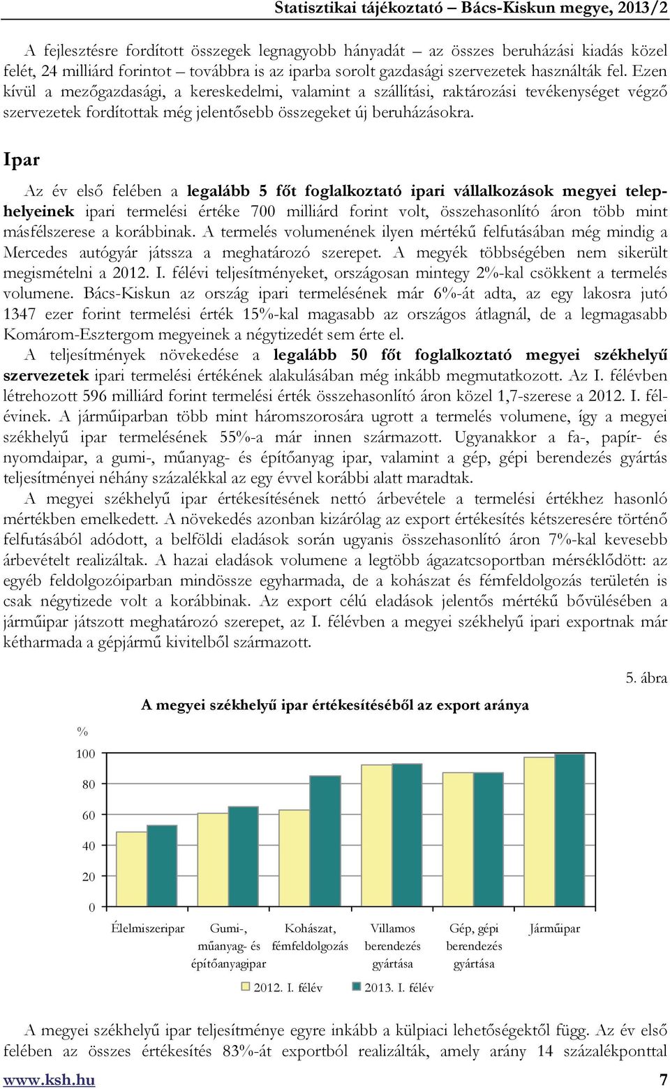 Ipar Az év első felében a legalább 5 főt foglalkoztató ipari vállalkozások megyei telephelyeinek ipari termelési értéke 700 milliárd forint volt, összehasonlító áron több mint másfélszerese a