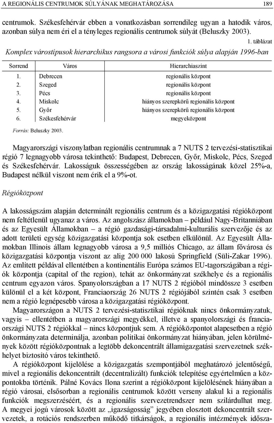 táblázat Komplex várostípusok hierarchikus rangsora a városi funkciók súlya alapján 1996-ban Sorrend Város Hierarchiaszint 1. Debrecen regionális központ 2. Szeged regionális központ 3.