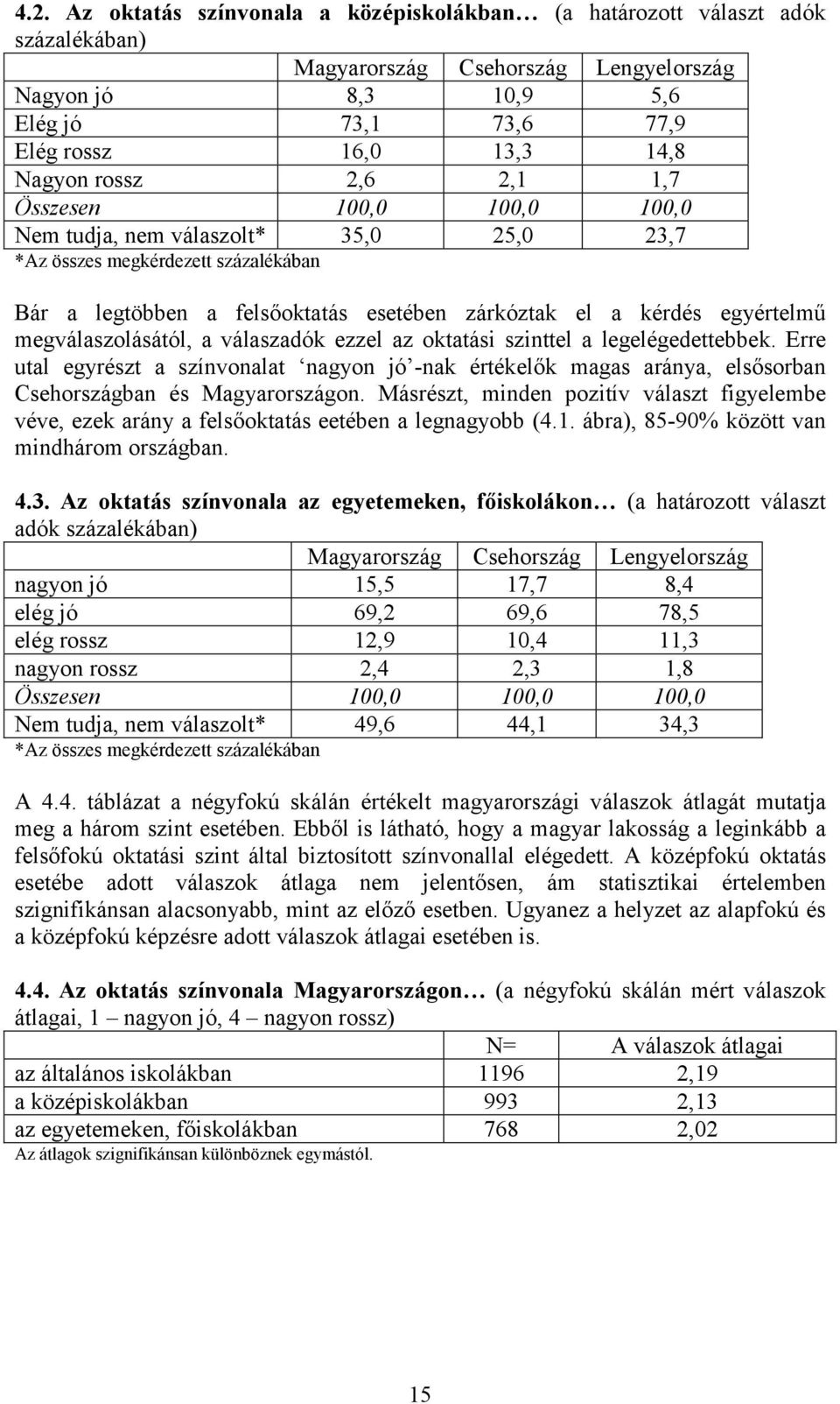 ezzel az oktatási szinttel a legelégedettebbek. Erre utal egyrészt a színvonalat nagyon jó -nak értékelők magas aránya, elsősorban Csehországban és Magyarországon.