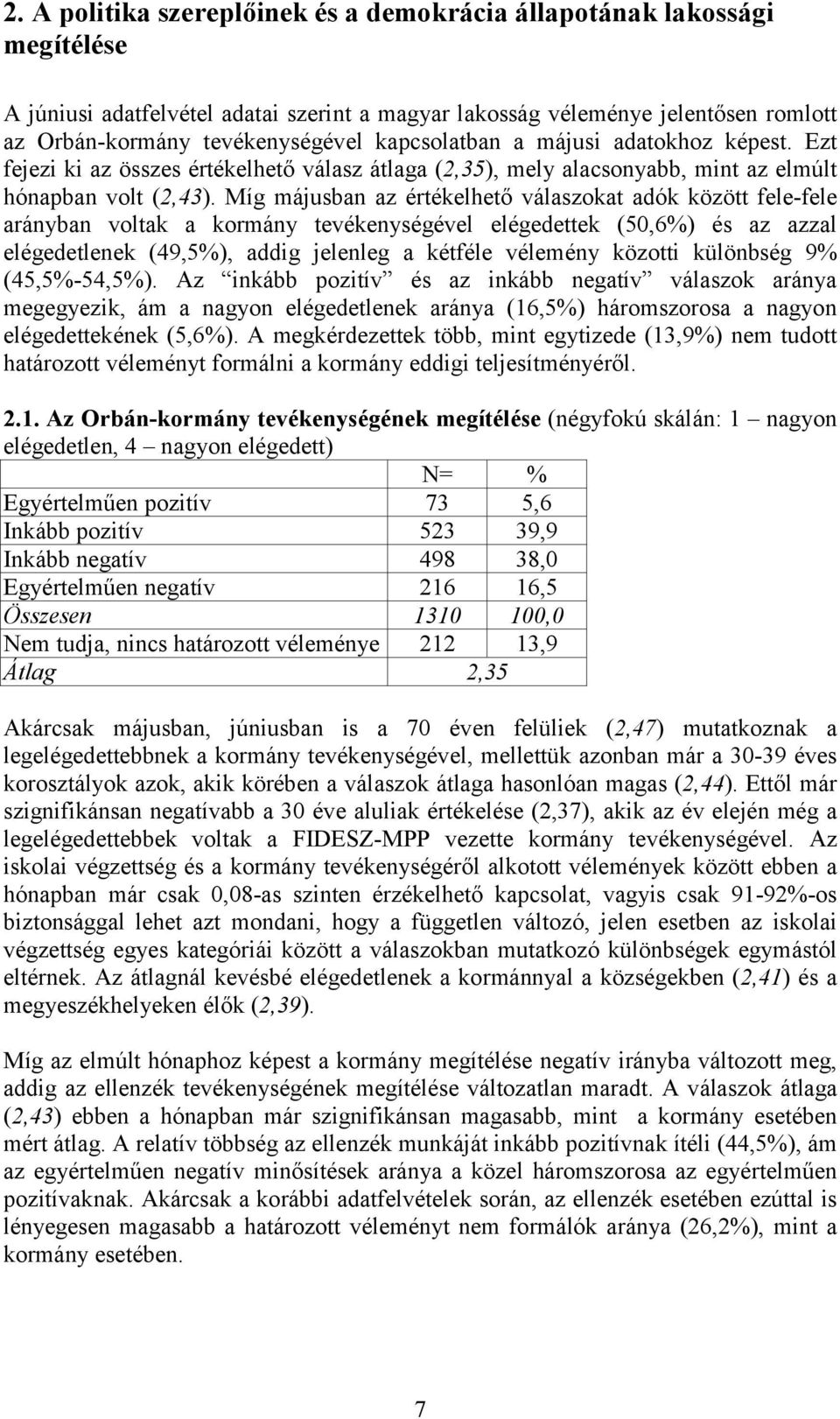 Míg májusban az értékelhető válaszokat adók között fele-fele arányban voltak a kormány tevékenységével elégedettek (50,6%) és az azzal elégedetlenek (49,5%), addig jelenleg a kétféle vélemény közotti