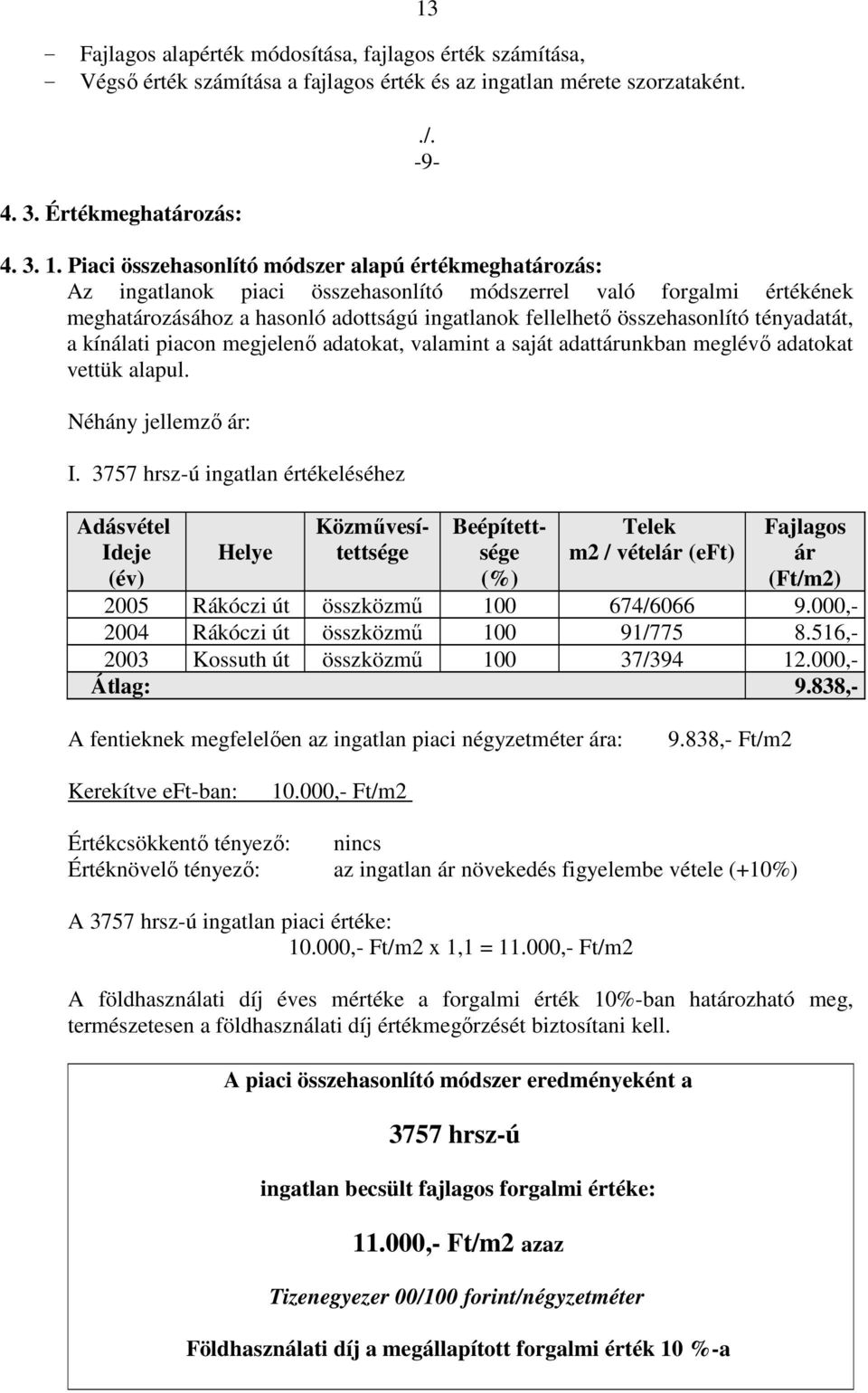 tényadatát, a kínálati piacon megjelenı adatokat, valamint a saját adattárunkban meglévı adatokat vettük alapul. Néhány jellemzı ár: I.
