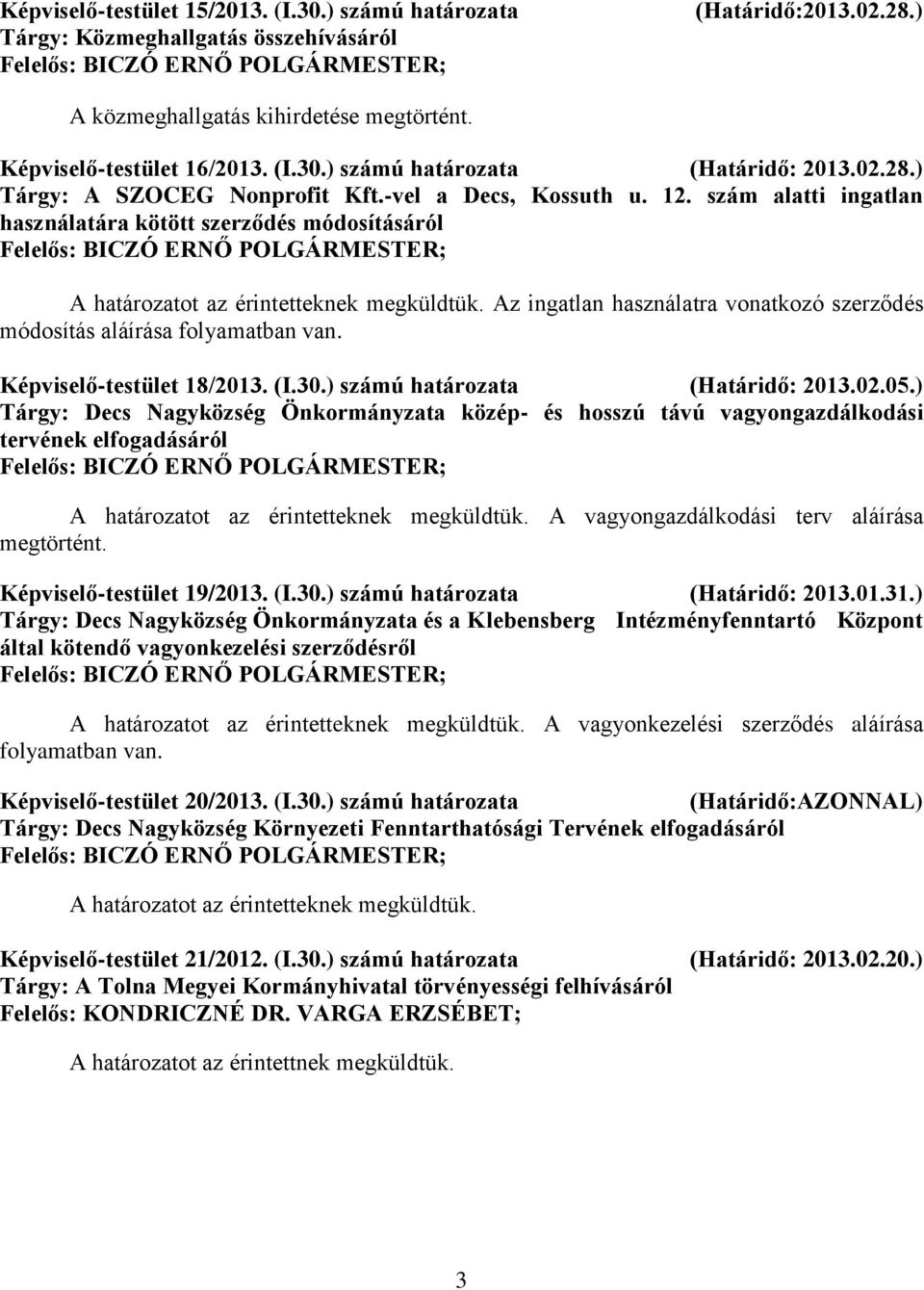 szám alatti ingatlan használatára kötött szerződés módosításáról Az ingatlan használatra vonatkozó szerződés módosítás aláírása folyamatban van. Képviselő-testület 18/2013. (I.30.