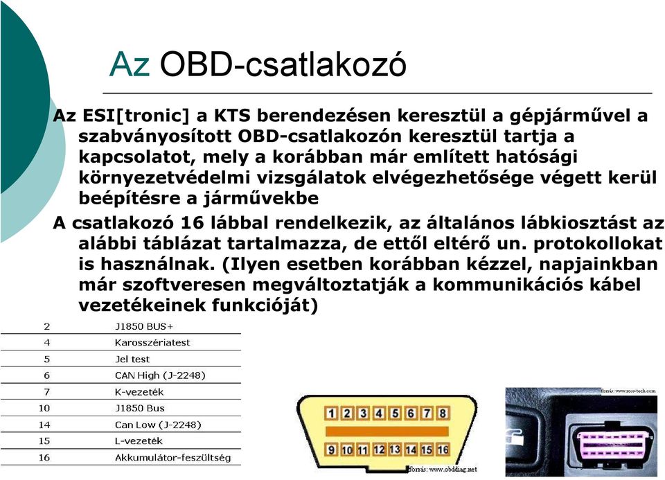 járművekbe A csatlakozó 16 lábbal rendelkezik, az általános lábkiosztást az alábbi táblázat tartalmazza, de ettől eltérő un.