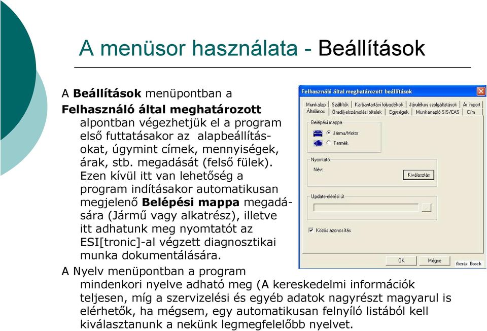 Ezen kívül itt van lehetőség a program indításakor automatikusan megjelenő Belépési mappa megadására (Jármű vagy alkatrész), illetve itt adhatunk meg nyomtatót az ESI[tronic]-al