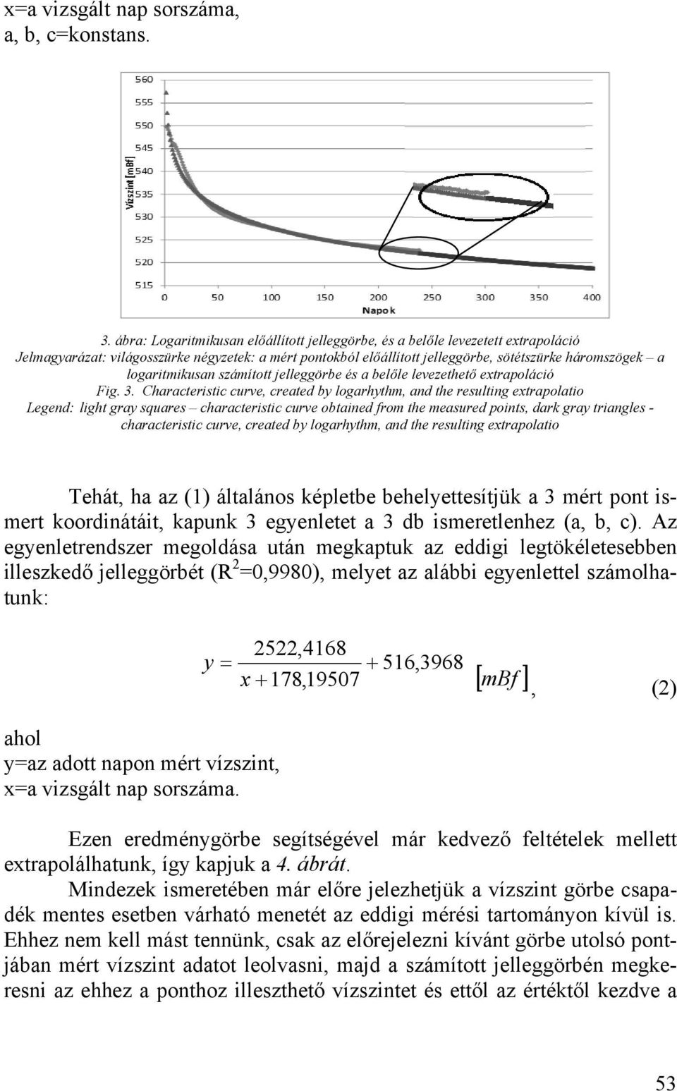 logaritmikusan számított jelleggörbe és a belőle levezethető extrapoláció Fig. 3.