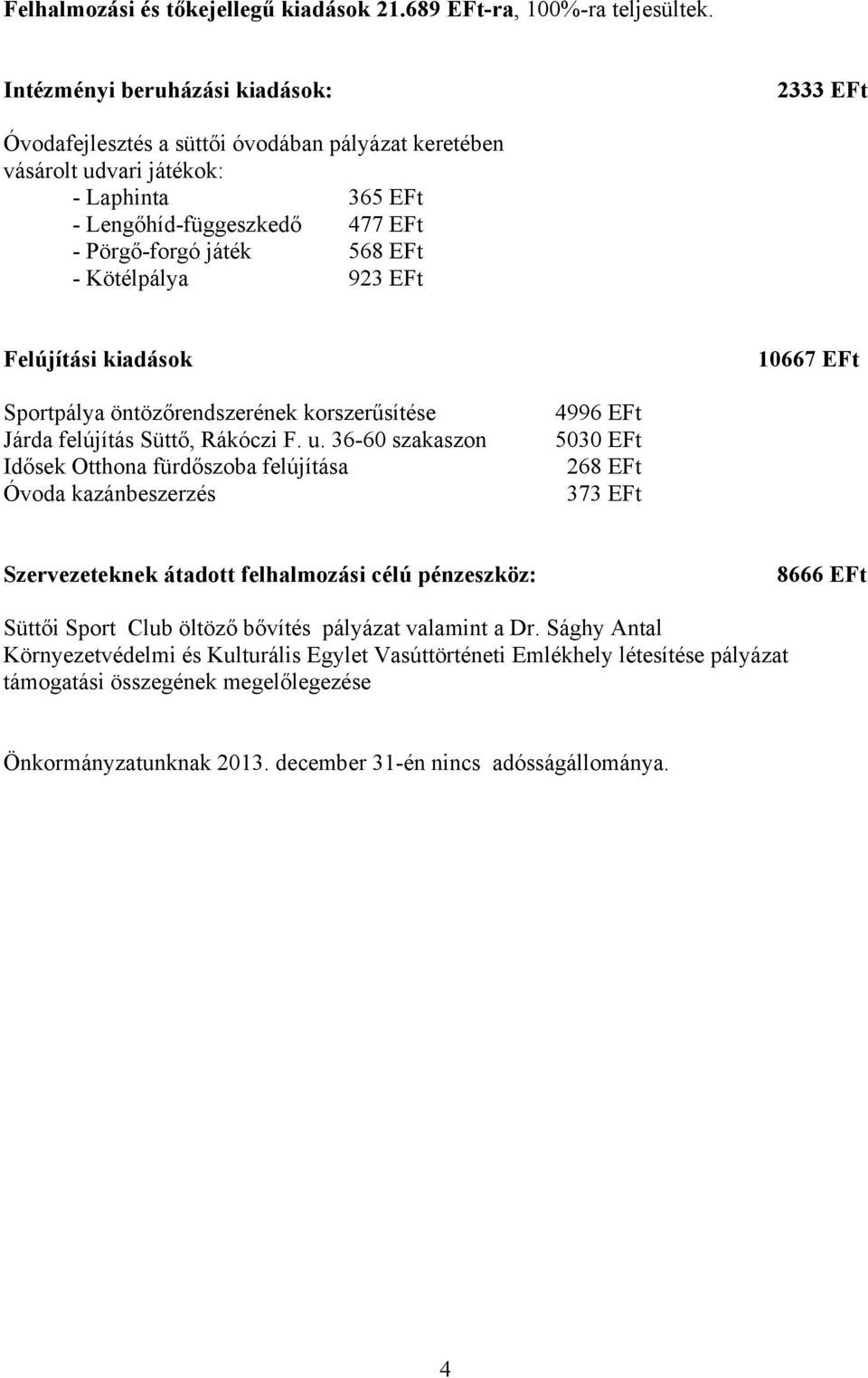 Kötélpálya 923 EFt Felújítási kiadások 10667 EFt Sportpálya öntözőrendszerének korszerűsítése Járda felújítás Süttő, Rákóczi F. u.