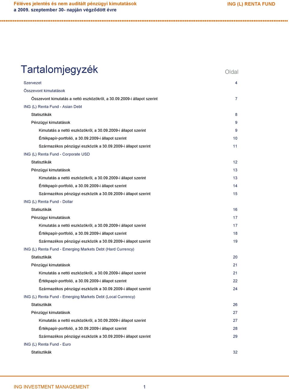 09.2009-i állapot szerint 11 ING (L) Renta Fund - Corporate USD Statisztikák 12 Pénzügyi kimutatások 13 Kimutatás a nettó eszközökről, a 30.09.2009-i állapot szerint 13 Értékpapír-portfolió, a 30.09.2009-i állapot szerint 14 Származékos pénzügyi eszközök a 30.