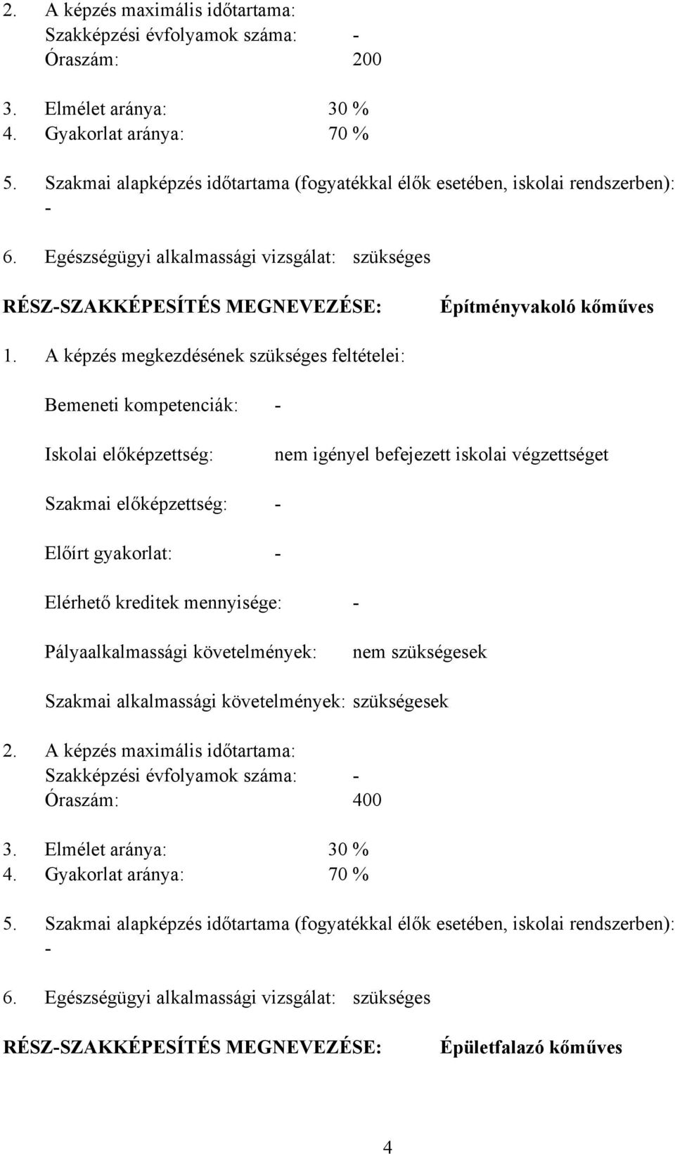 A képzés megkezdésének szükséges feltételei: emeneti kompetenciák: Iskolai előképzettség: Szakmai előképzettség: Előírt gyakorlat: - nem igényel befejezett iskolai végzettséget - - Elérhető kreditek