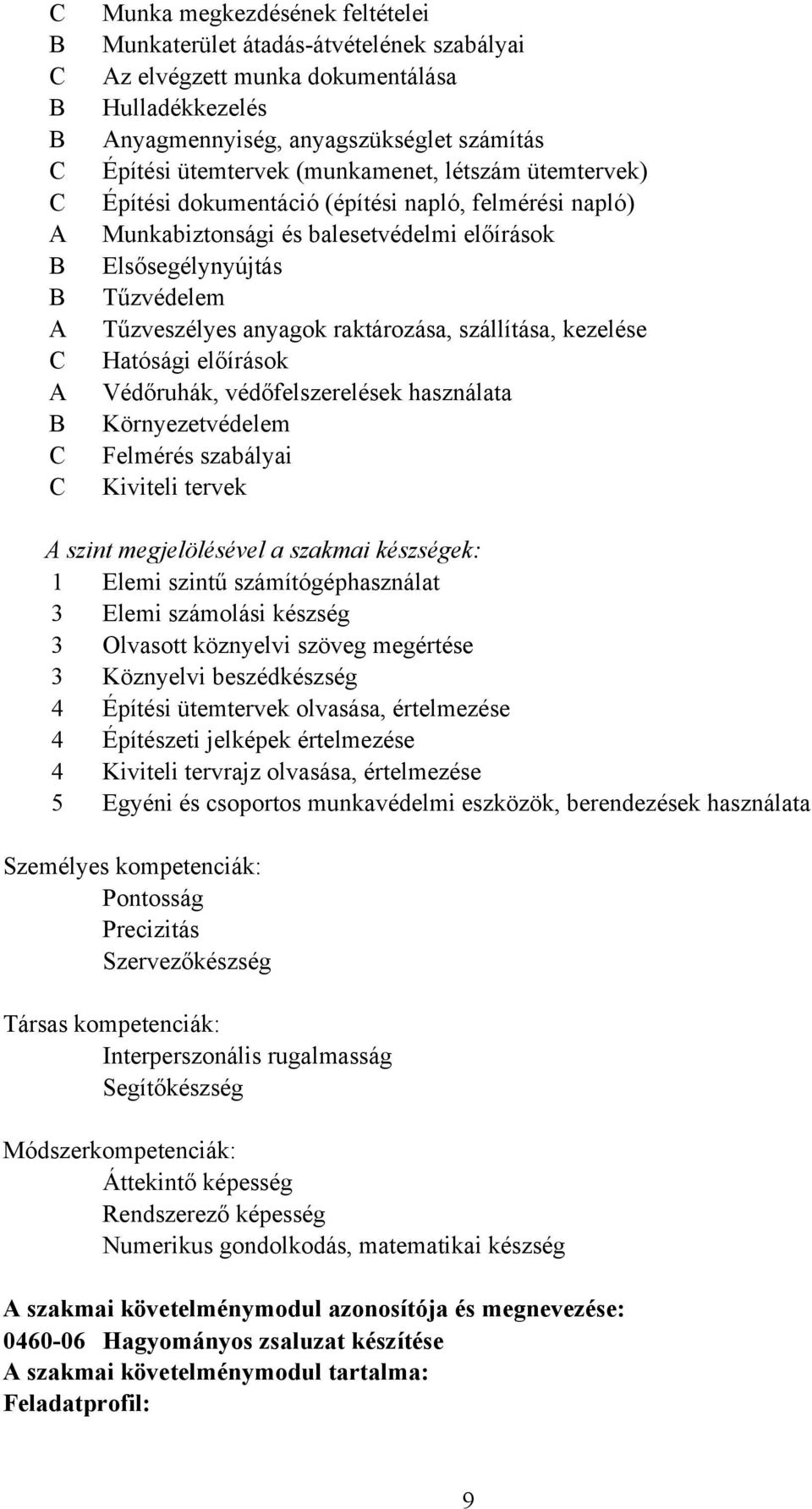 szállítása, kezelése Hatósági előírások Védőruhák, védőfelszerelések használata Környezetvédelem Felmérés szabályai Kiviteli tervek A szint megjelölésével a szakmai készségek: 1 Elemi szintű