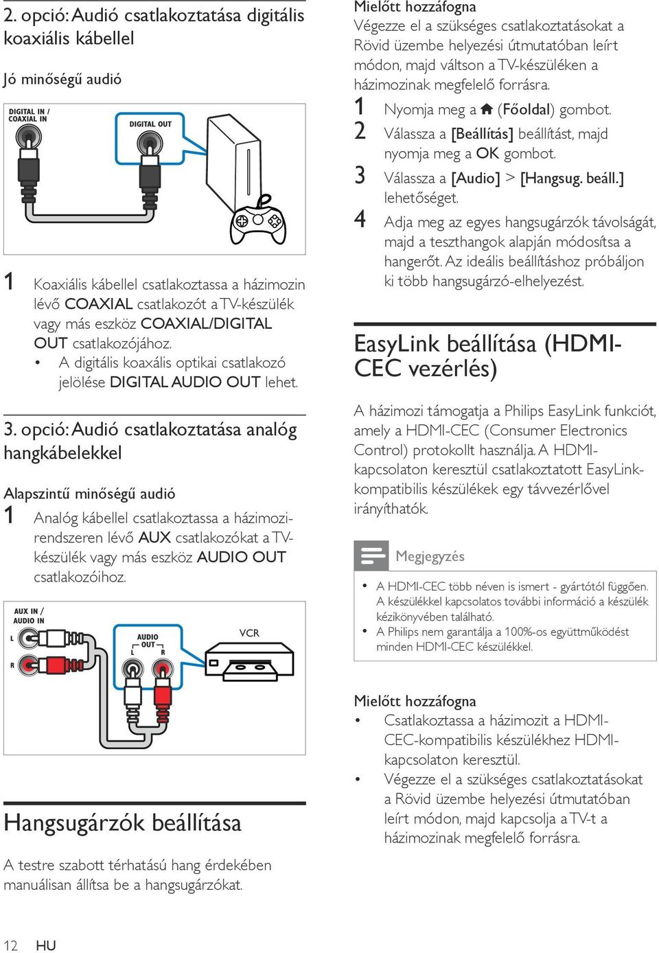 opció: Audió csatlakoztatása analóg hangkábelekkel Alapszintű minőségű audió 1 Analóg kábellel csatlakoztassa a házimozirendszeren lévő AUX csatlakozókat a TVkészülék vagy más eszköz AUDIO OUT