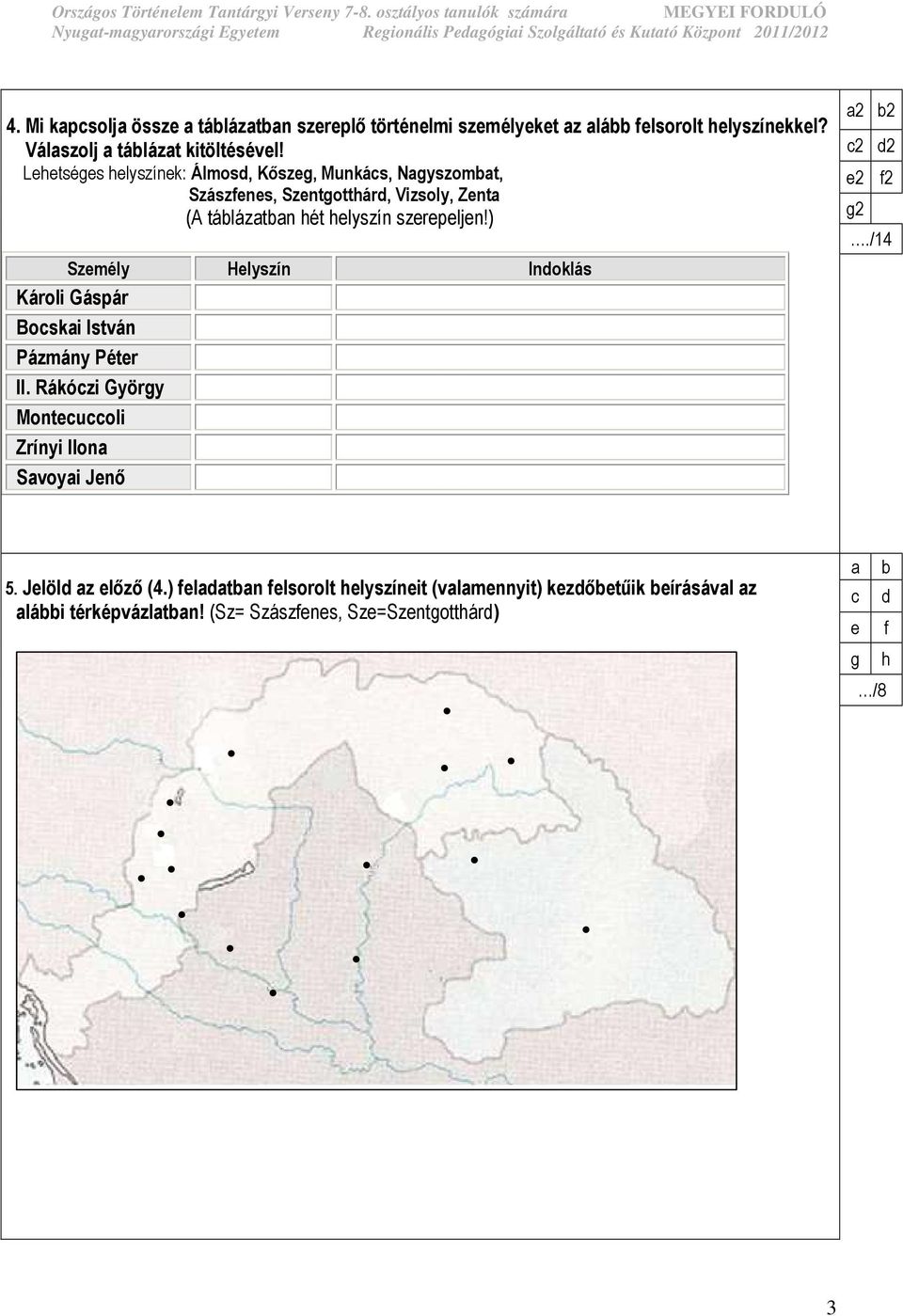 ) Személy Helyszín Indoklás Károli Gáspár Bocskai István Pázmány Péter II.